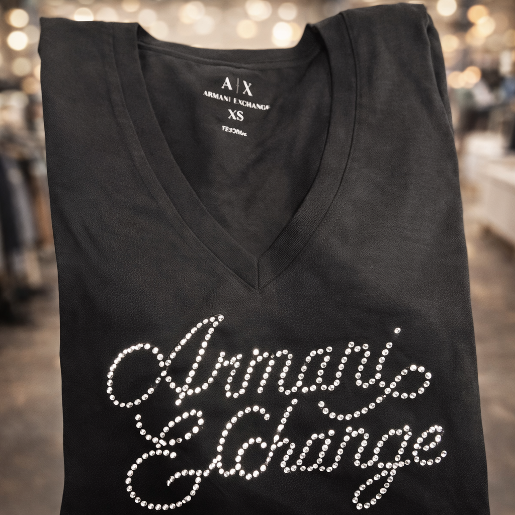 [S] ARMANI EXCHANGE LOGO LETTERING BLING BLING RHINSTONE V-NECK T-SHIRT,BLACK, 7VYTFF-YJ16Z-1200 [FINAL SALE] (SAX276)
