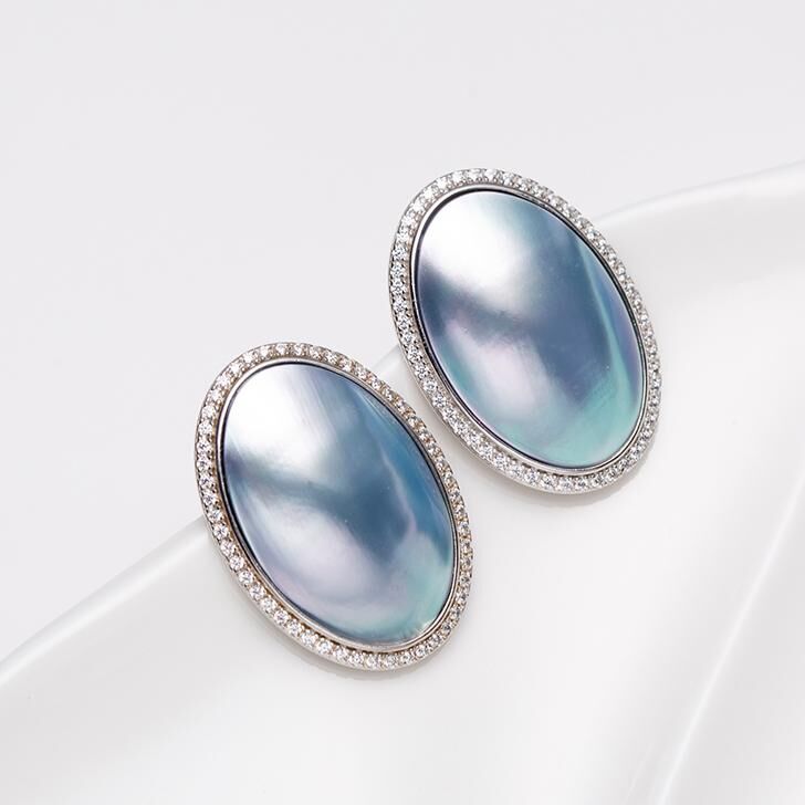 WJ038 P38 歐洛拉銀鑲藍色馬貝耳釘 14.5*21MM
