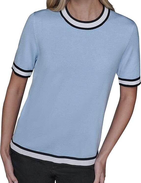 [S] KARL LAGERFELD BLUE AURA SHORT SLEEVE CONTRAST TRIM SWEATER, L5TSS745-QA9 (SKL1549)