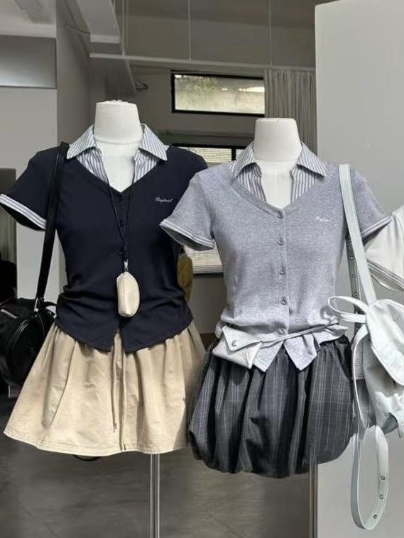 A144 現貨條紋領口側抓皺短袖