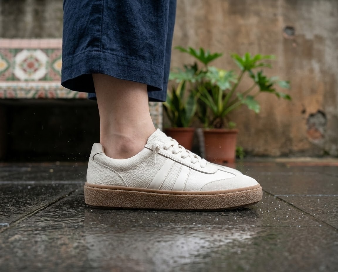 忽冷忽熱與梅雨季的剋星!嚴選會呼吸的透氣真皮,搭配 3M 防潑水抗污科技,厚底德訓餅乾鞋讓妳在春季陣雨中依然保持乾爽舒適。