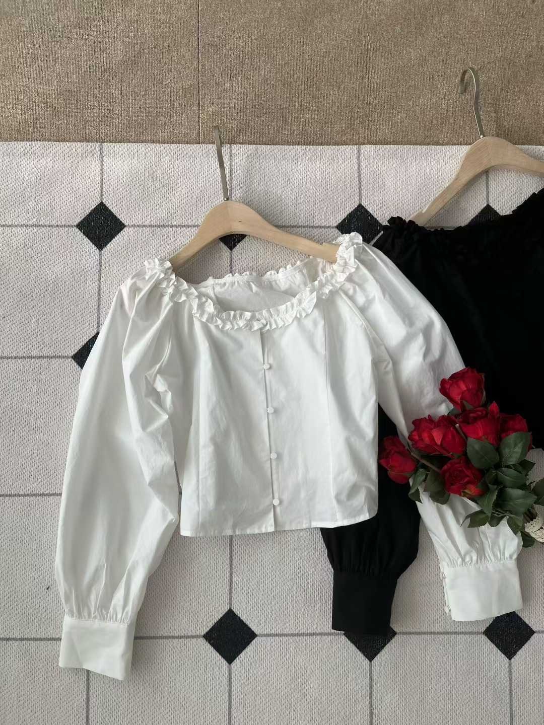 Mar6103 奶油可麗餅 法式輕甜滾邊短修身短襯衫