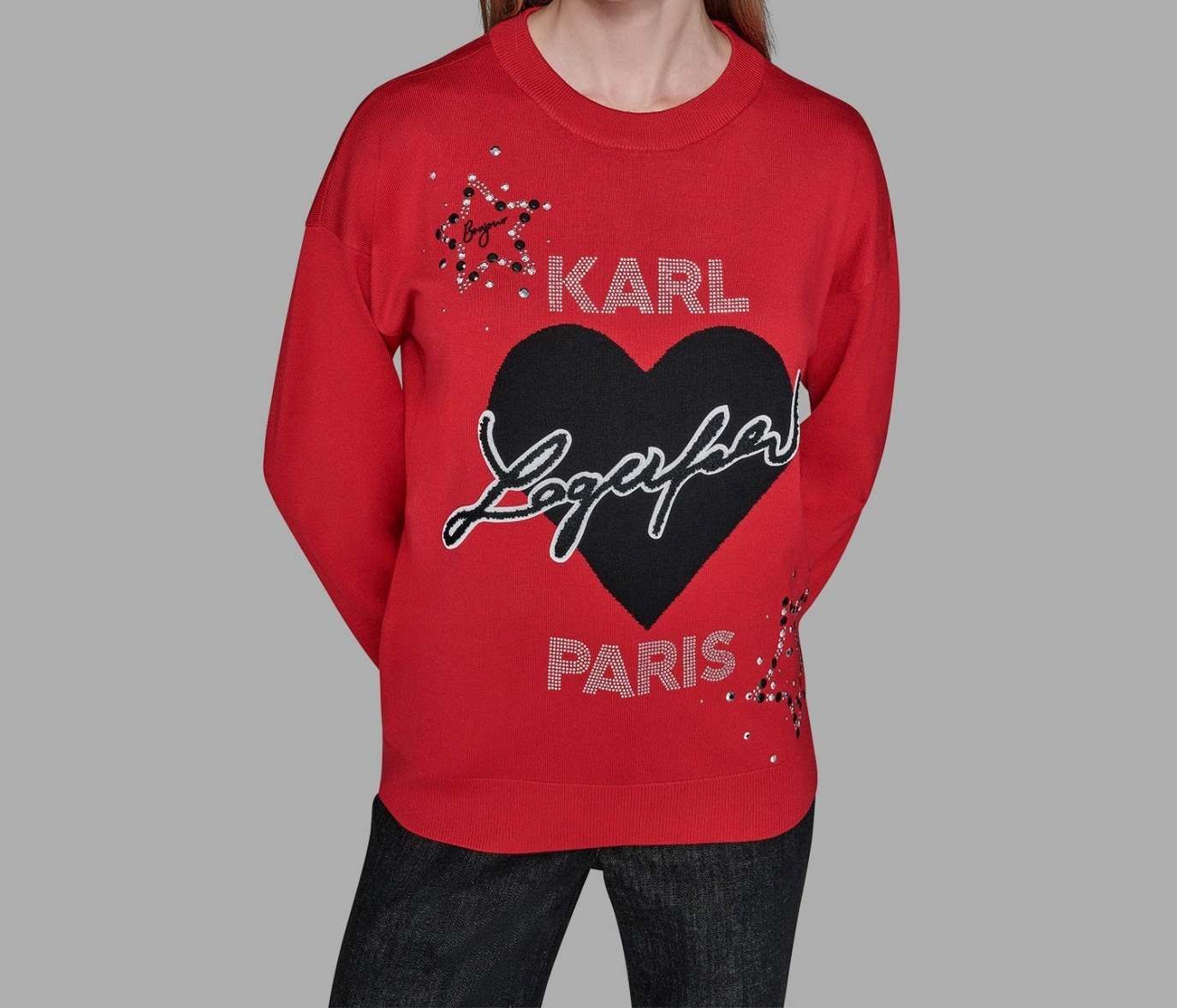 [S] KARL LAGERFELD ADMRL RD WHIMSY KARL HEART EMBELLISHED SWEATER, L5ZSS729-ADJ (SKL1421)