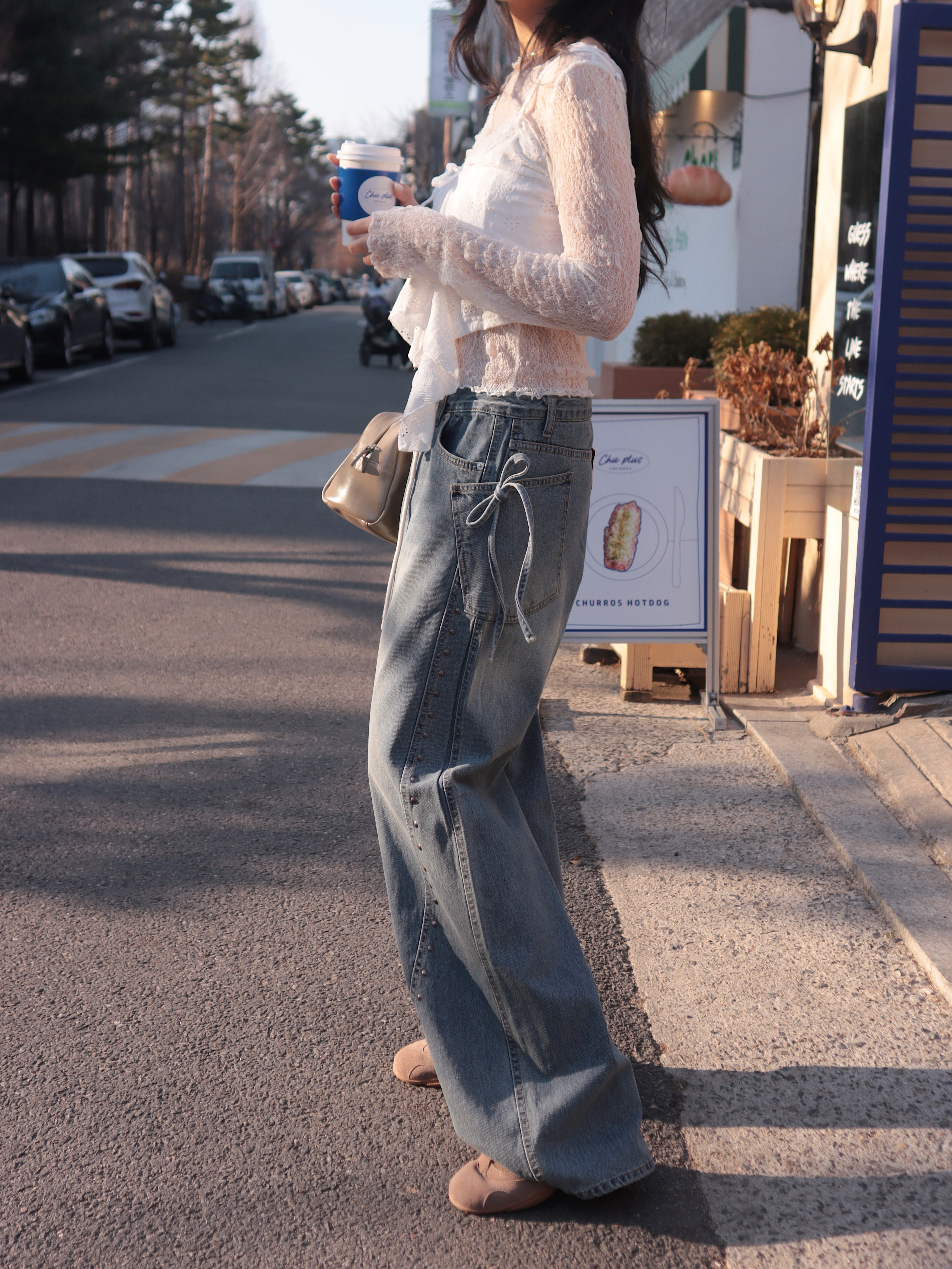 Mar6104 設計師款 Sweet Rock 超修飾卯釘蝴蝶結抽繩牛仔褲