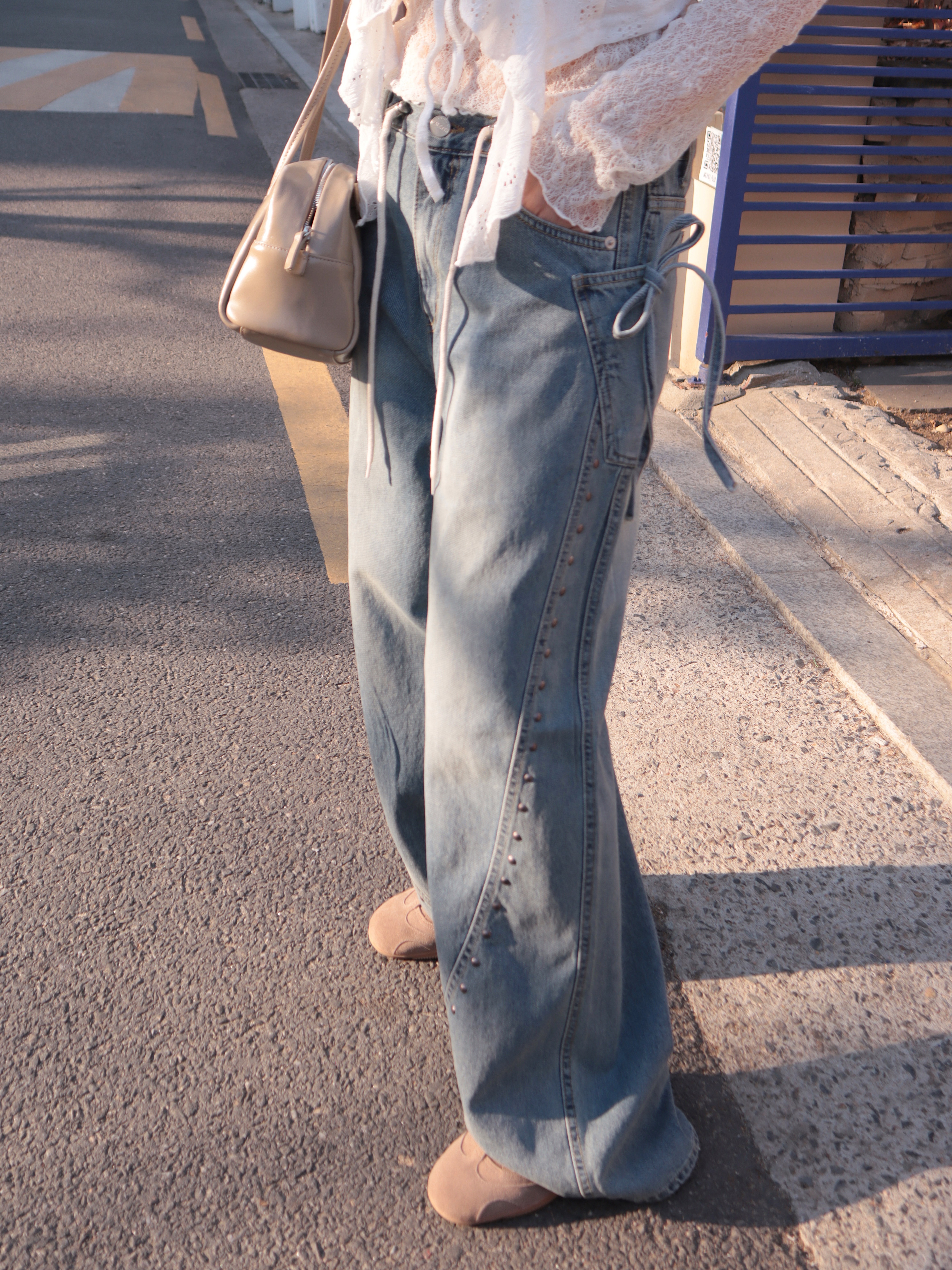 Mar6104 設計師款 Sweet Rock 超修飾卯釘蝴蝶結抽繩牛仔褲