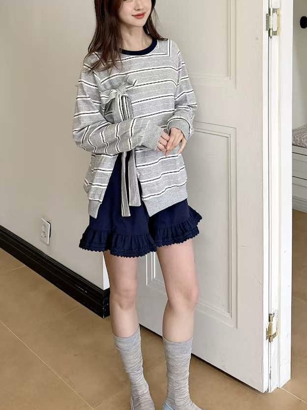 Mar6108 設計師款條紋蝴蝶結綁帶棉Tee