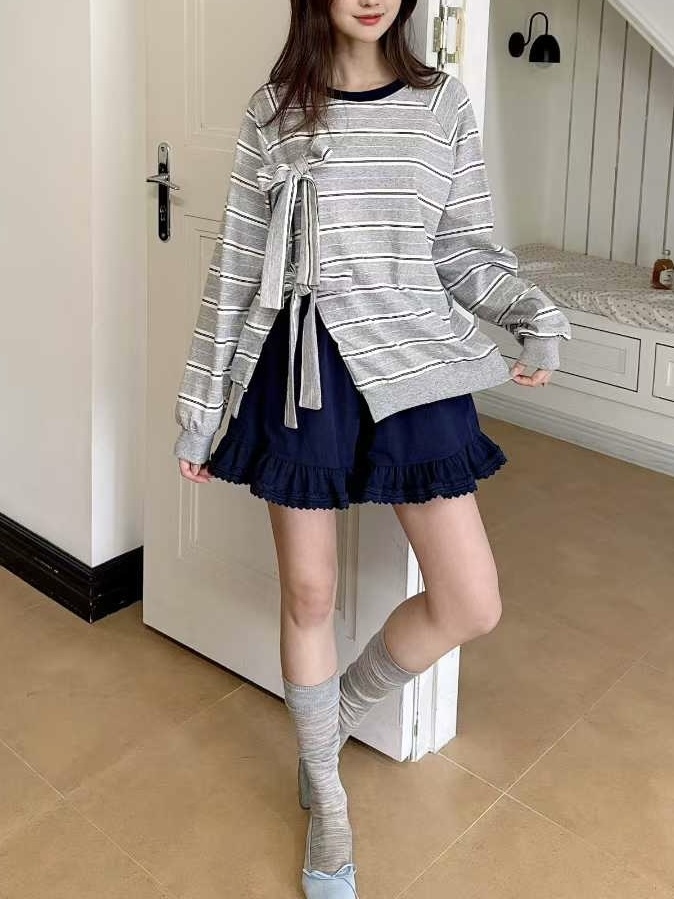 Mar6108 設計師款條紋蝴蝶結綁帶棉Tee