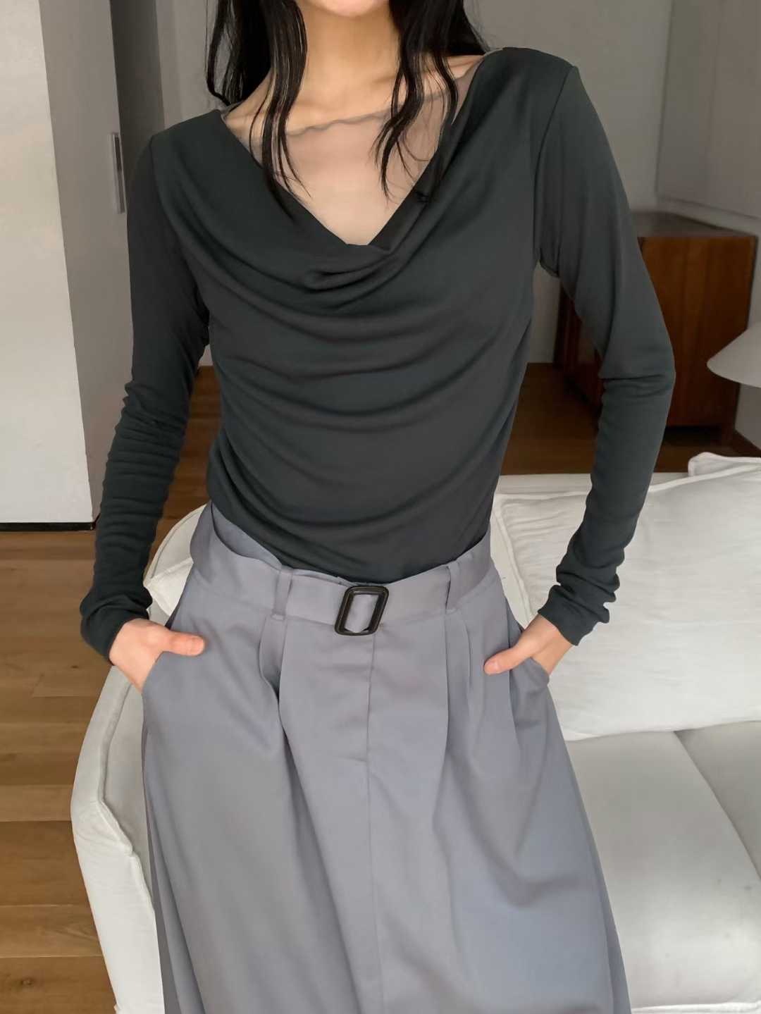 Mar6112 本期推薦 輕柔又高級 垂墜領拼紗腰抓皺棉質上衣