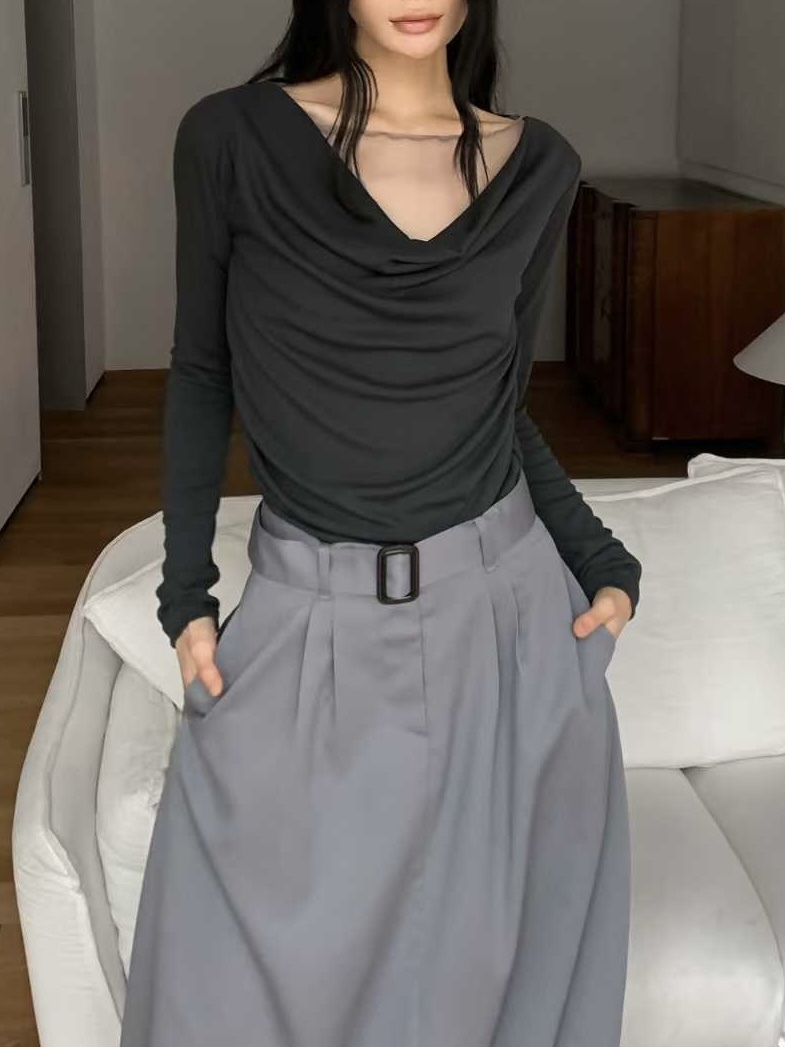 Mar6112 本期推薦 輕柔又高級 垂墜領拼紗腰抓皺棉質上衣