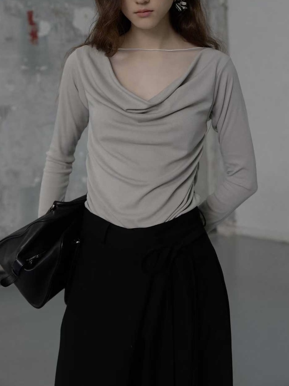 Mar6112 本期推薦 輕柔又高級 垂墜領拼紗腰抓皺棉質上衣