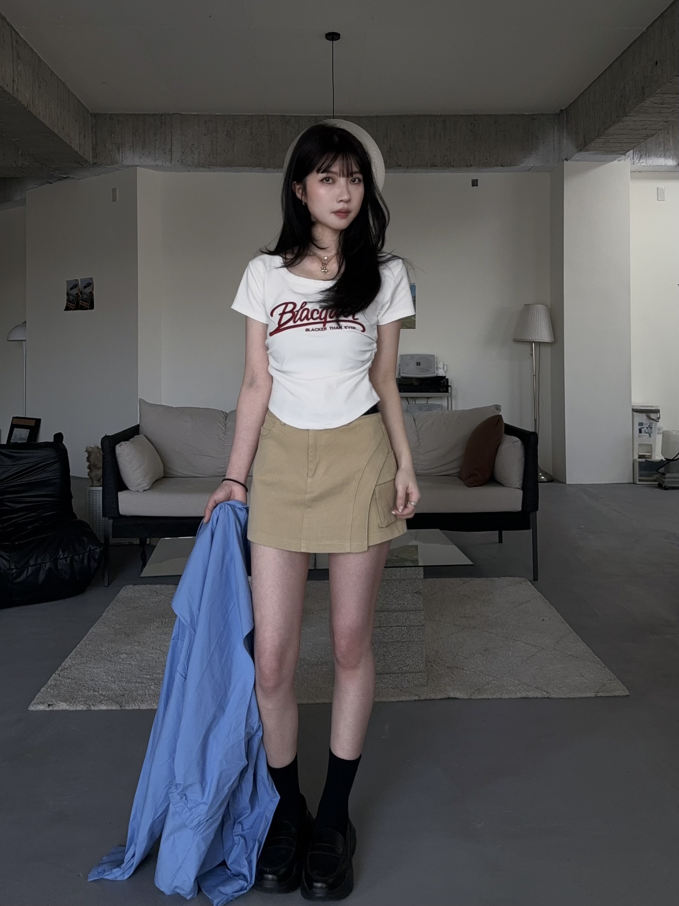 微彈性牛仔褲裙（附皮帶）