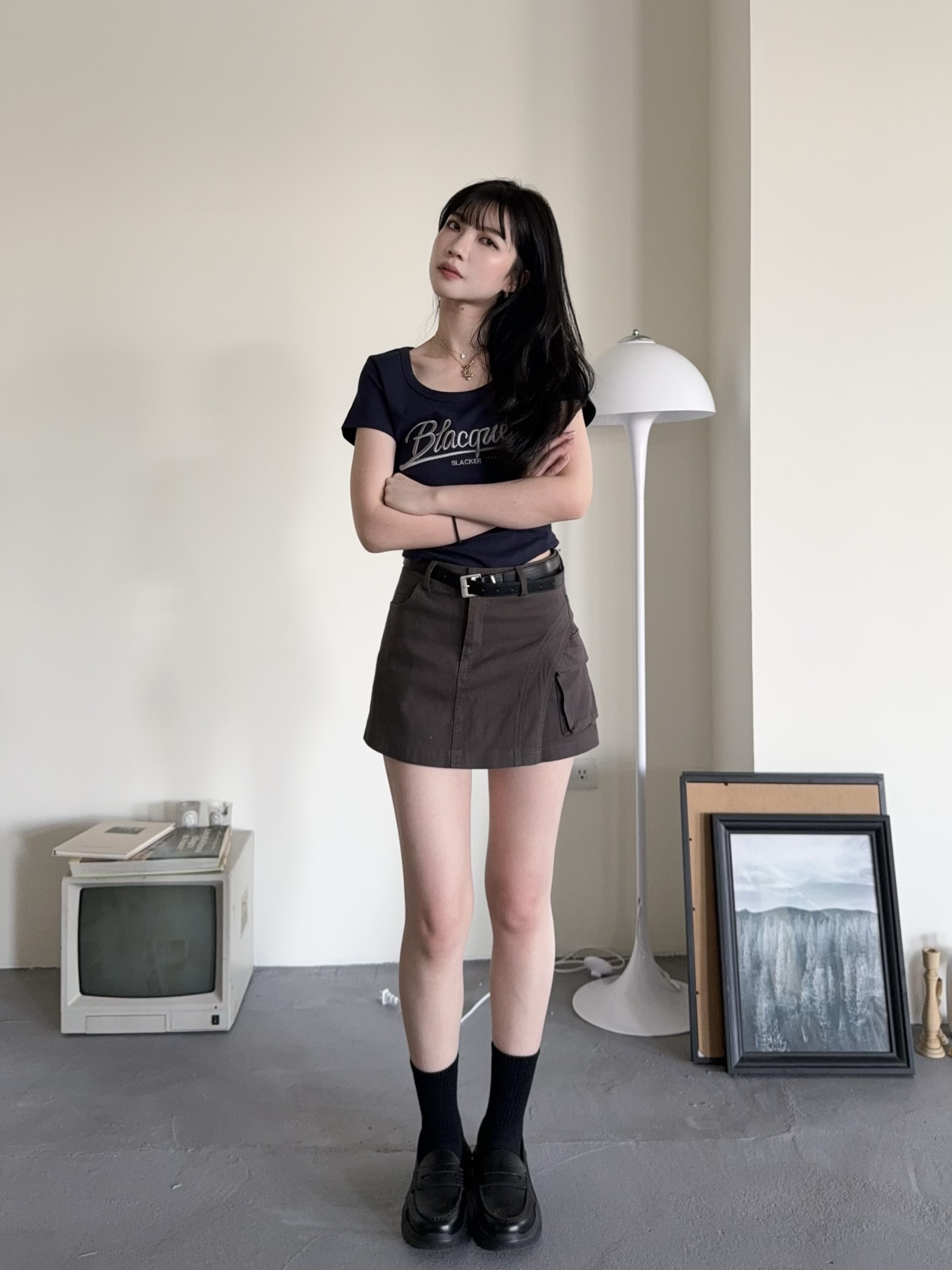 微彈性牛仔褲裙（附皮帶）