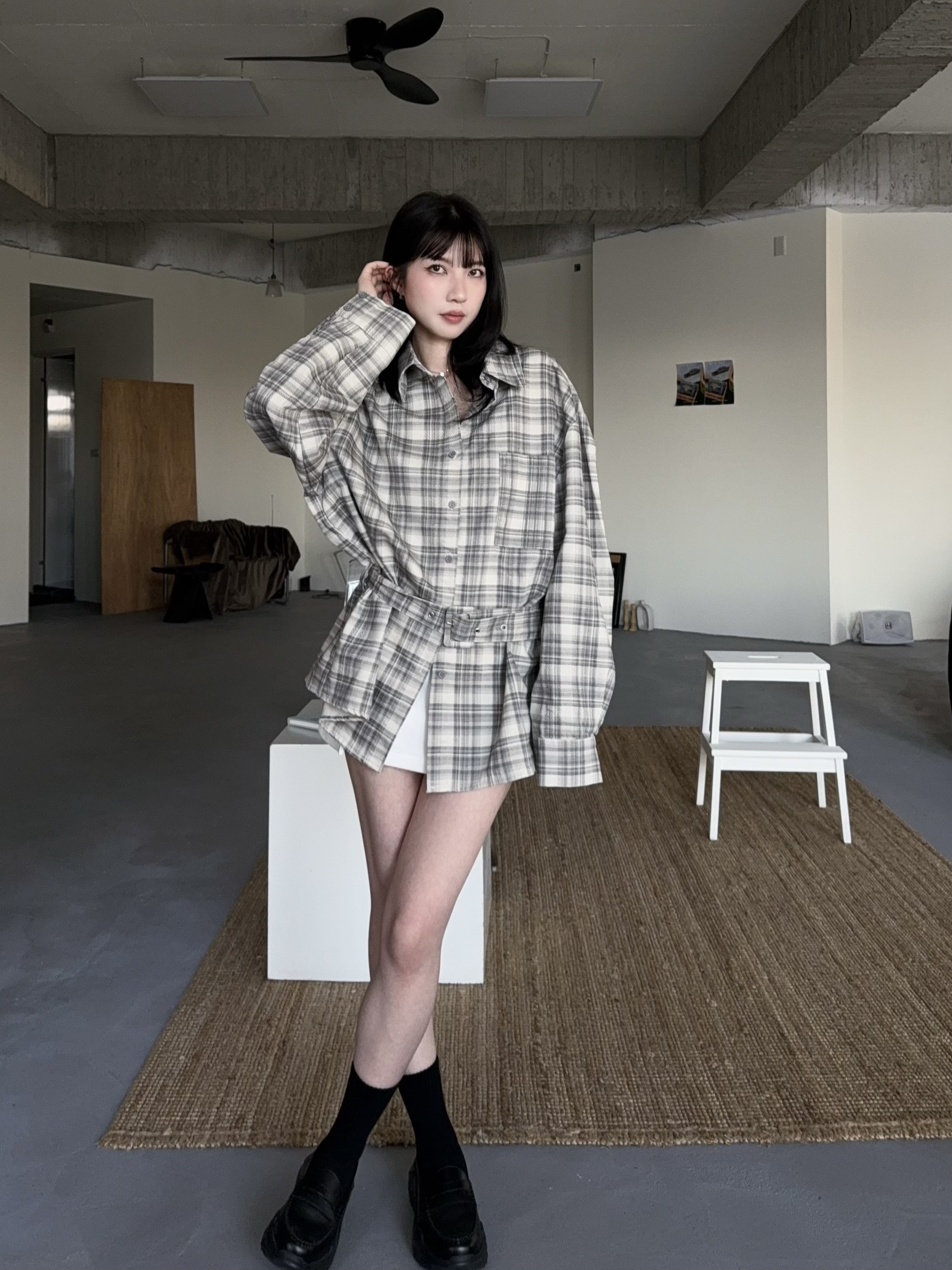 復古格紋綁帶收腰襯衫