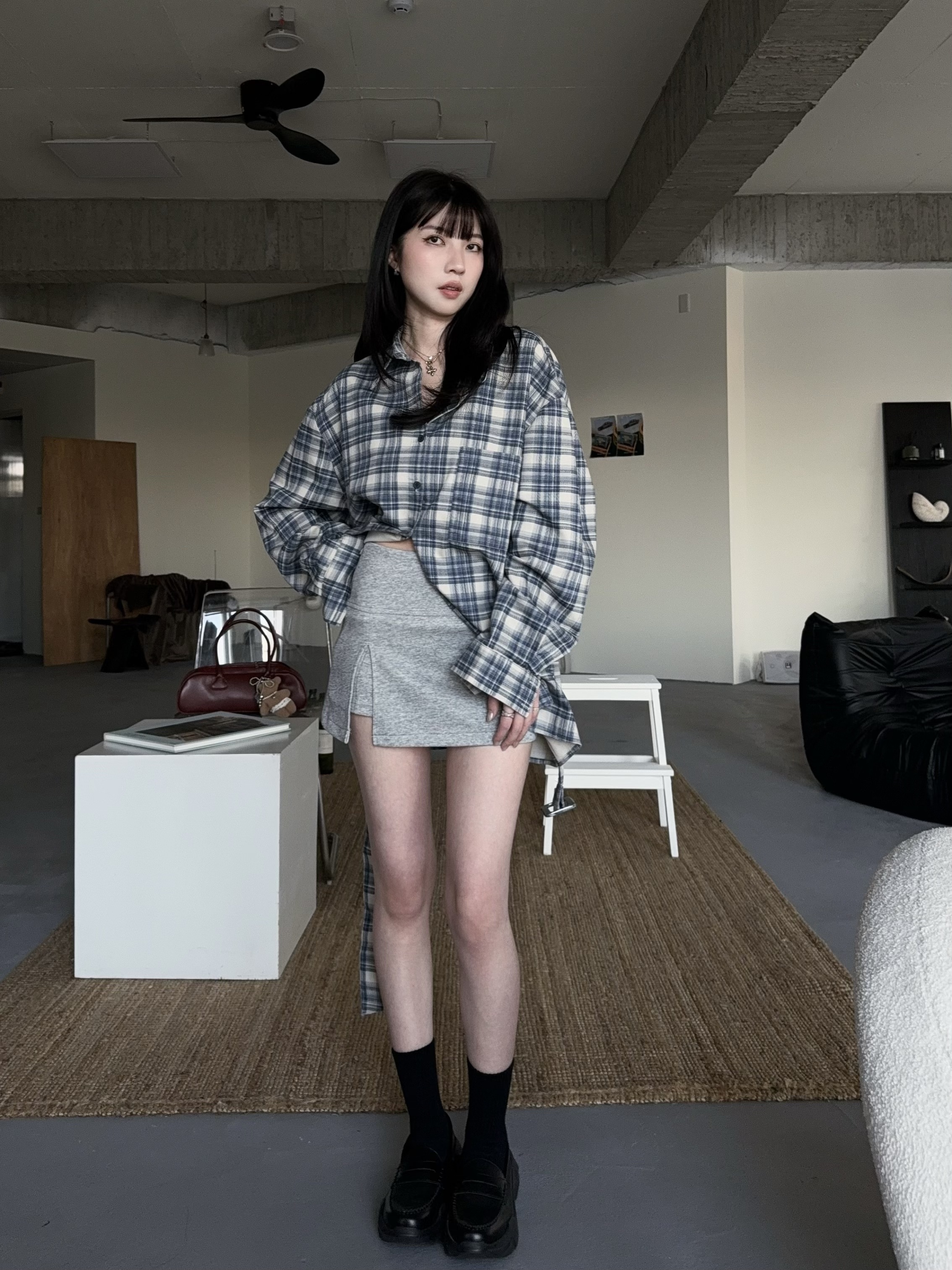 復古格紋綁帶收腰襯衫