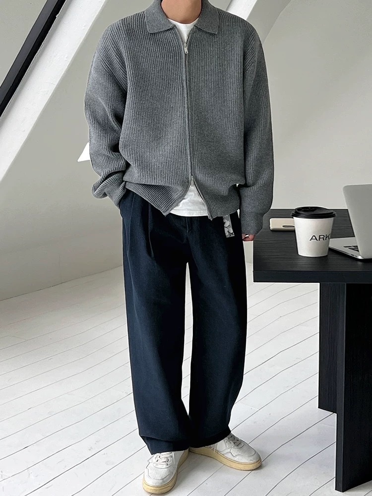 SIMPLEACTION 老錢風翻領雙拉鍊針織毛衣