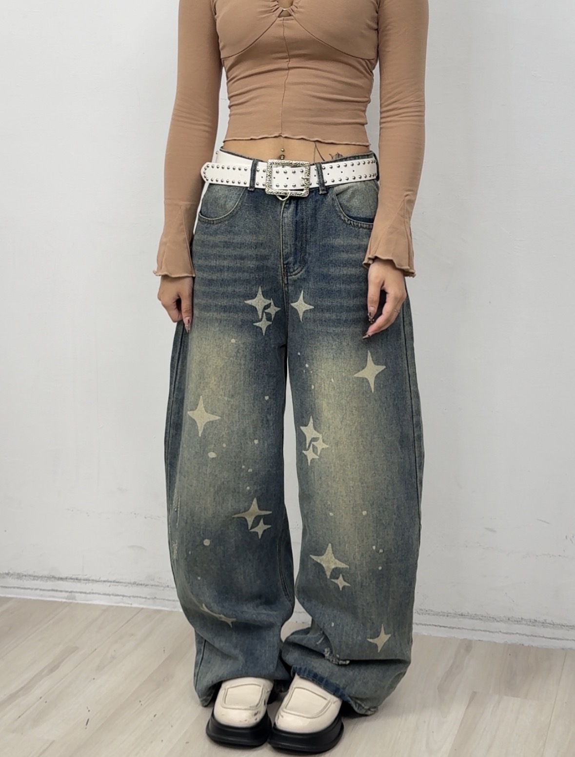 NEW星星設計感刷色長褲