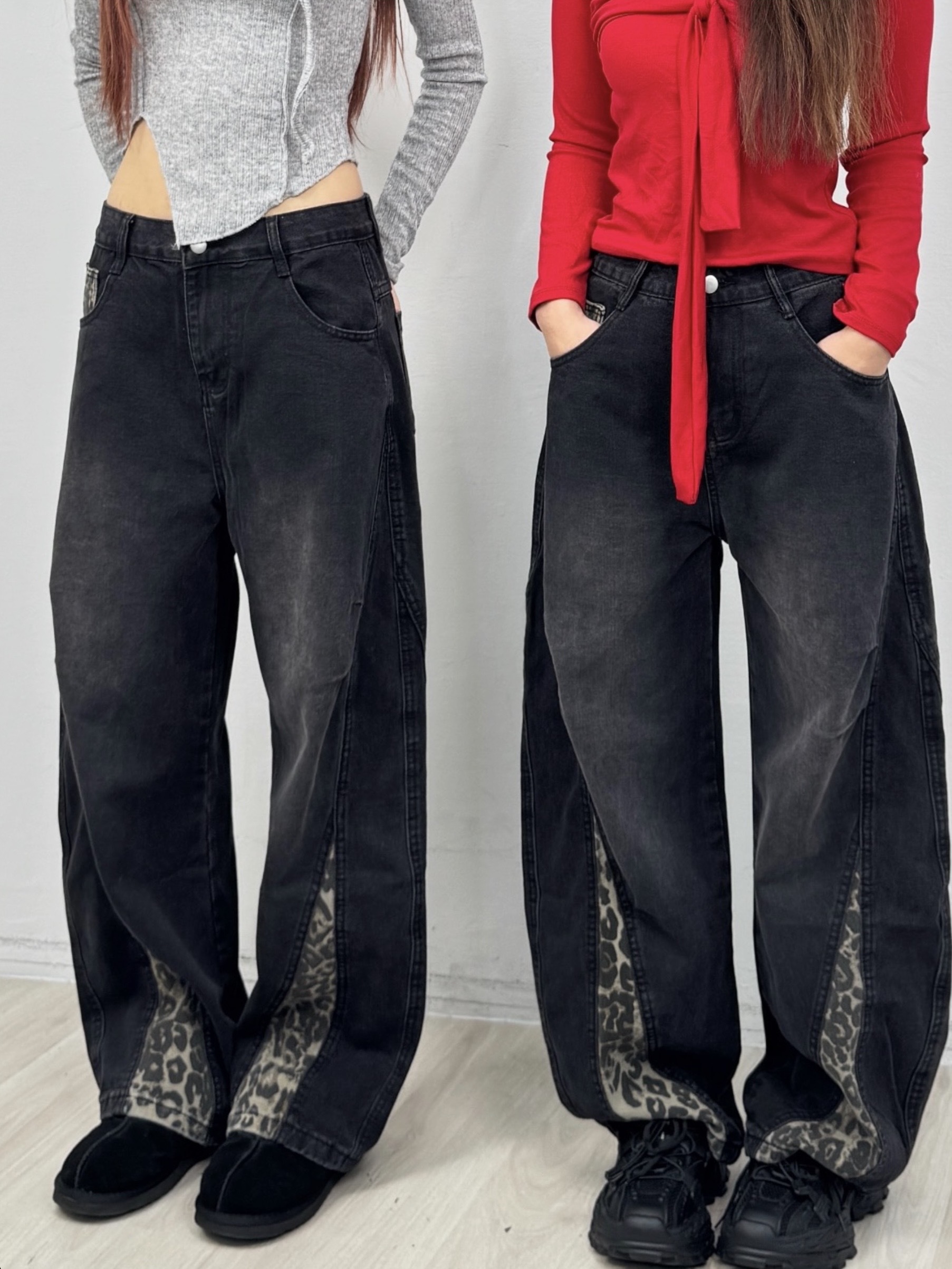 A104 現貨三角豹紋設計彎刀牛仔褲