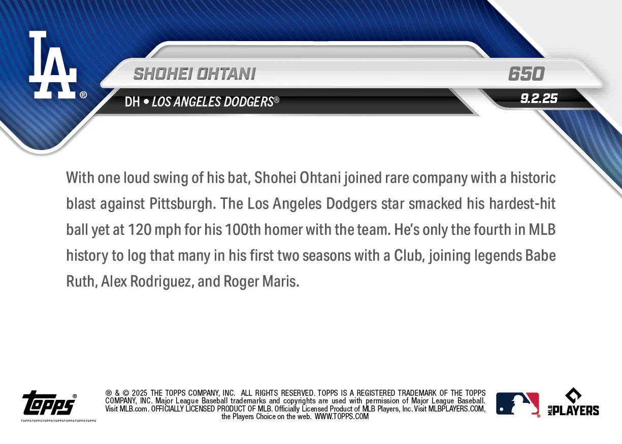 大谷翔平 2025 MLB Topps NOW 球員卡 Card 650