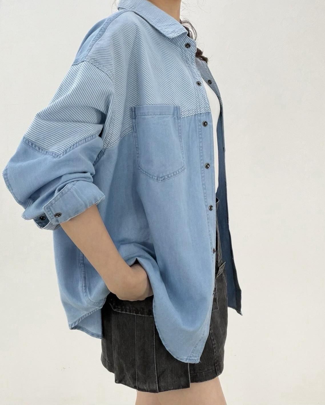 【慵懶小清新的拼接牛仔襯衫】（現貨）