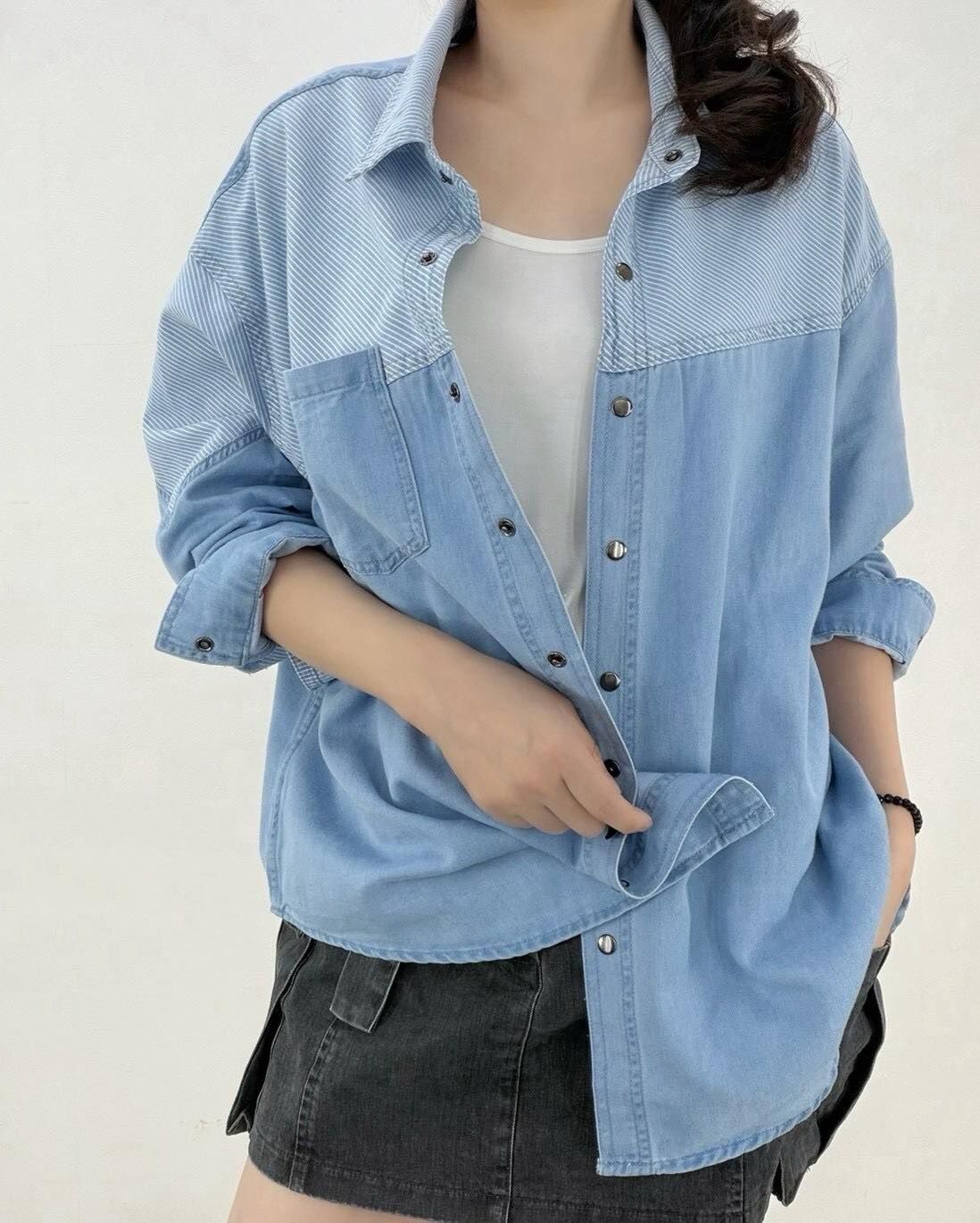 【慵懶小清新的拼接牛仔襯衫】（現貨）