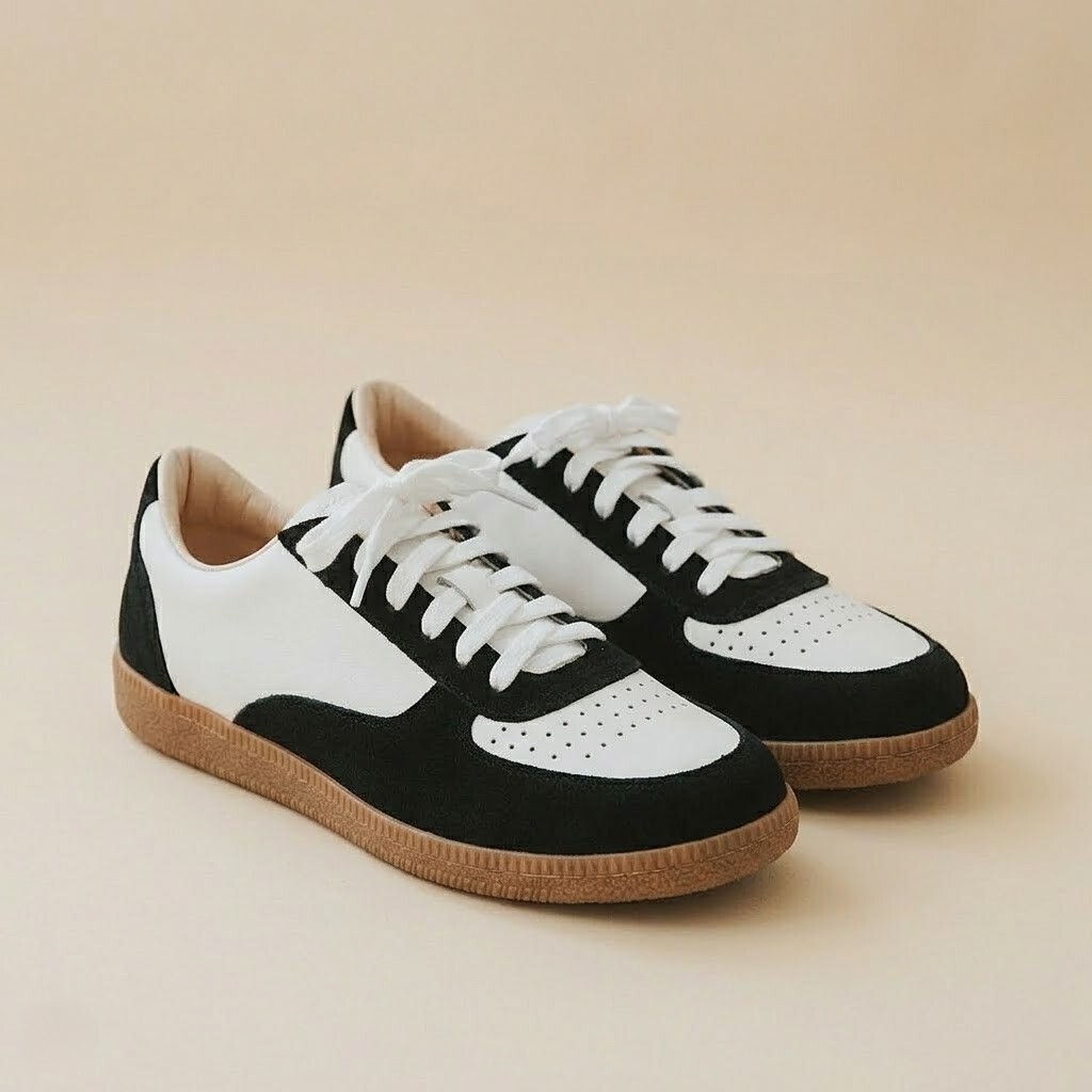 特寫德訓鞋 鞋頭的白色皮革與黑色麂皮的拼接交界處，展現材質的細膩對比，以及鞋款修長的流線型輪廓。