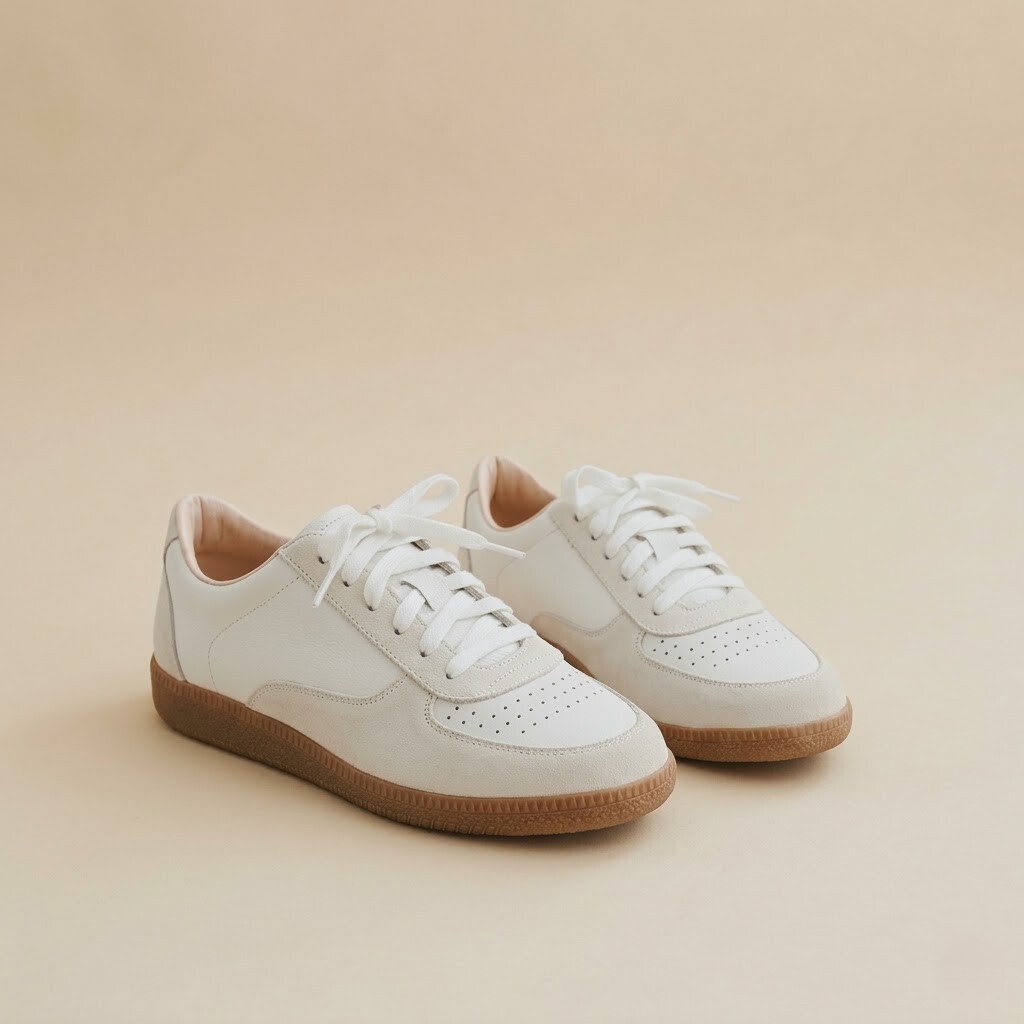 視覺顯瘦的異材質拼色魔法！凱西德訓鞋採用純白軟牛皮拼接質感麂皮，層次豐富且巧妙修飾腳型，讓腿長比例瞬間增加 10%。