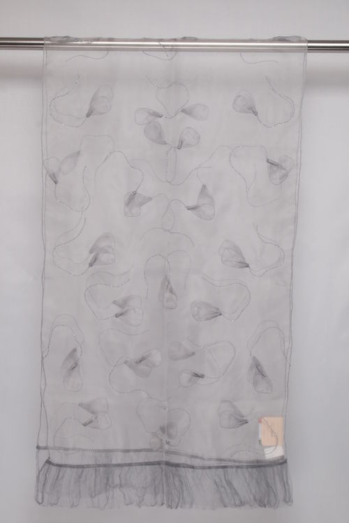 WM028 Scarfesia 透灰色配不規則圖案流蘇絲巾 100% Silk