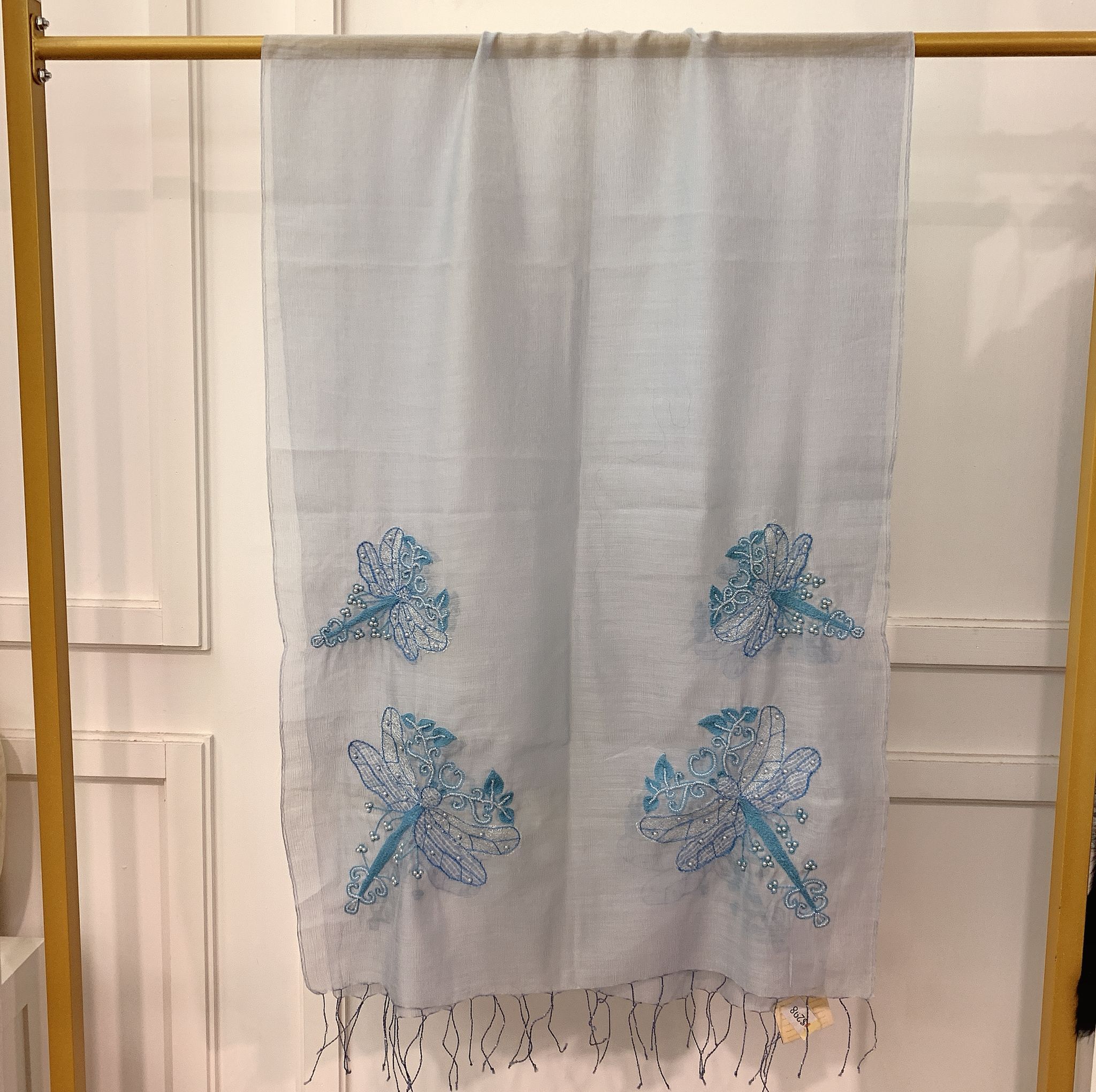 WM027 Scarfesia 淺藍色配蜻蜓流蘇絲巾 75% Wool 25% Silk