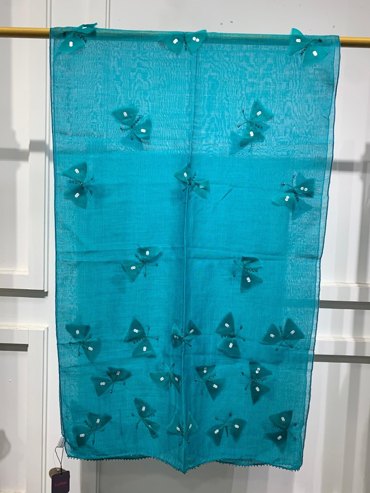 WM009 Scarfesia 藍綠色蝴蝶圖案絲巾 75% Wool 25% Silk