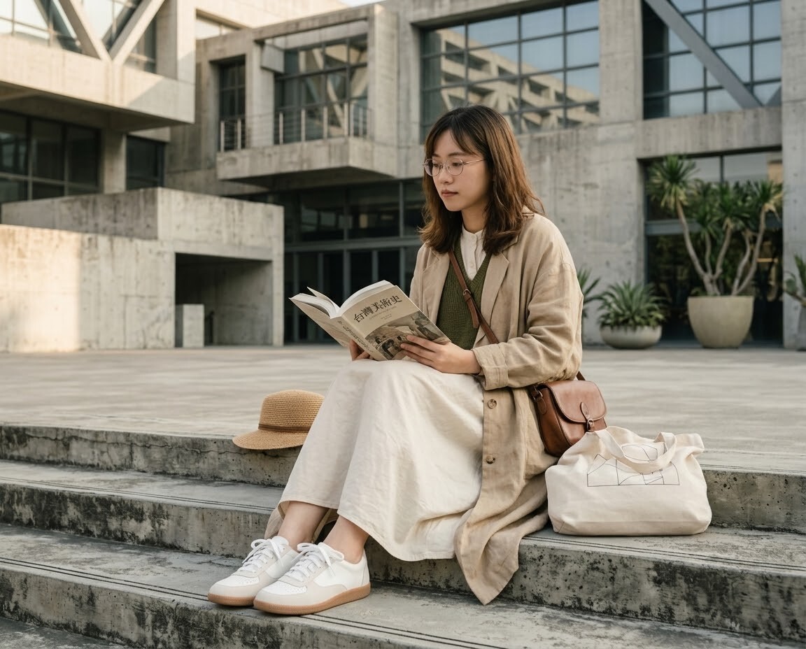 一位穿著大地色系多層次文青風穿搭的年輕女子，她腳上穿著奶油杏色拼色的德訓鞋，身旁放著編織草帽、棕色皮革側背包與米色帆布袋，神情放鬆地望向遠方。