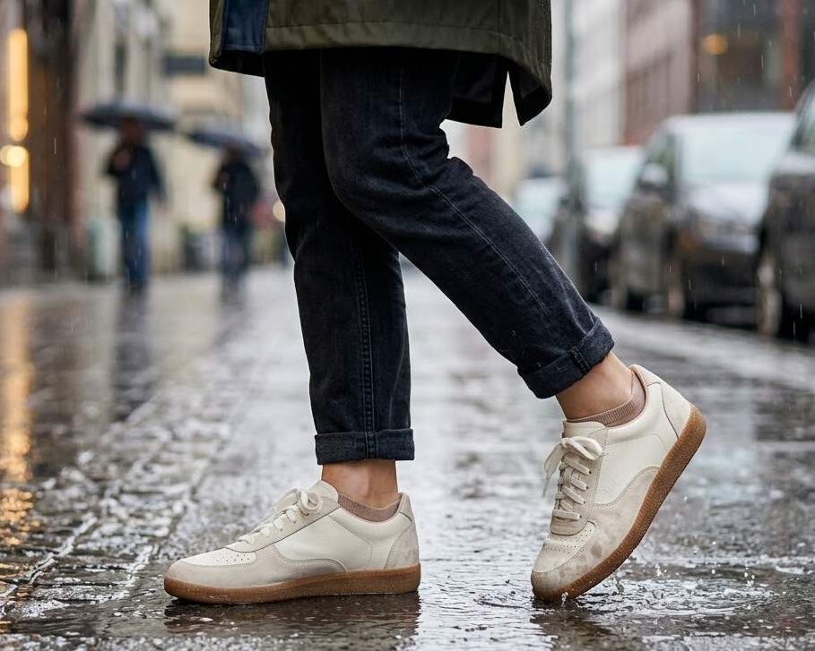 女生穿德訓鞋米色 在雨中展示防潑水