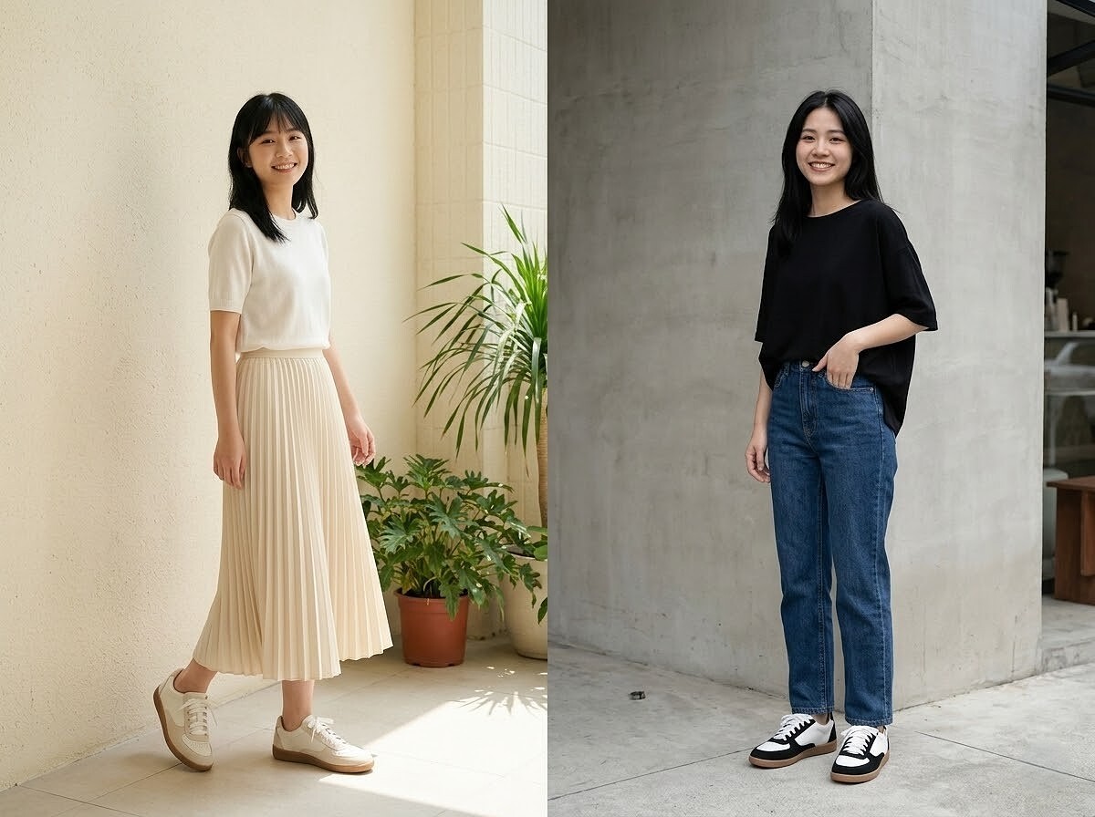 拍出大長腿 OOTD!凱西德訓鞋巧妙的拼色設計讓視覺瞬間顯瘦,腿長比例+10%。溫柔奶油杏與率性經典黑,完美駕馭各種春季出遊風格。