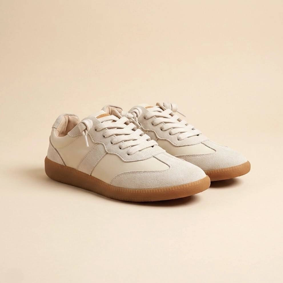 視覺超顯瘦的異材質拼接魔法!艾蜜莉德訓鞋採用白色麂皮搭配米色皮革,流線修長版型完美收攏大腳丫,穿出精緻秀氣的法式優雅。