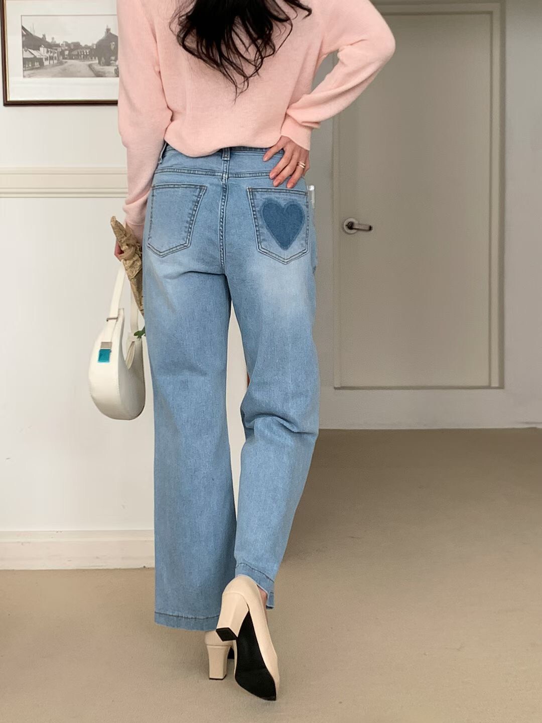 3008愛心印背口袋牛仔長褲