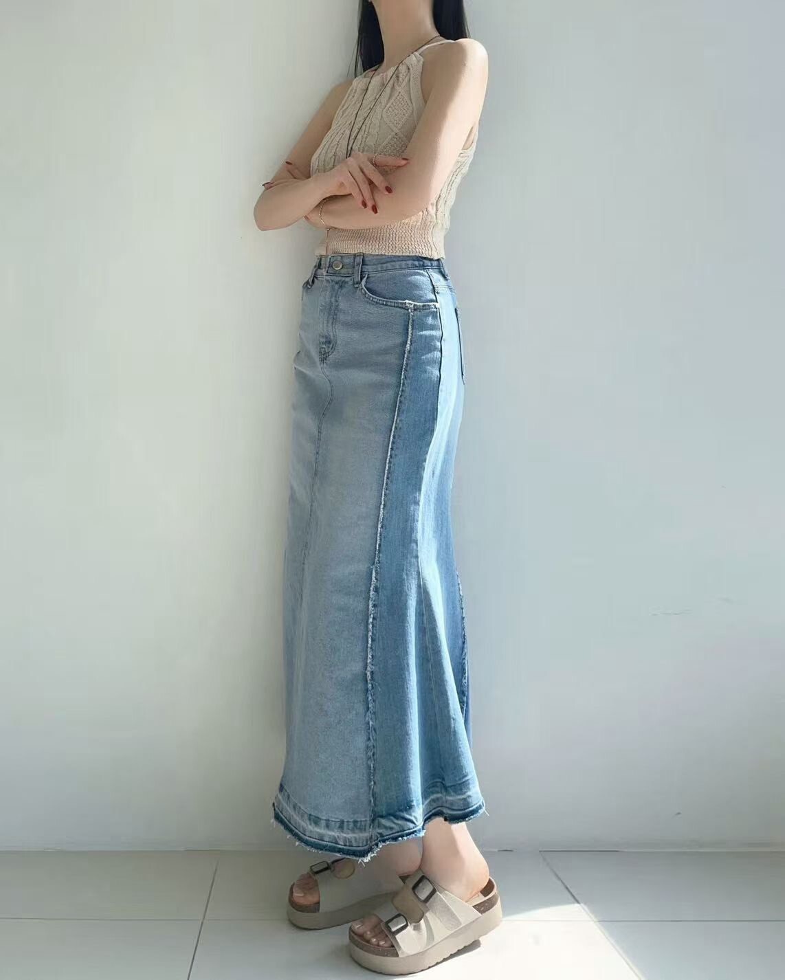 3008外縫線牛仔魚尾長裙