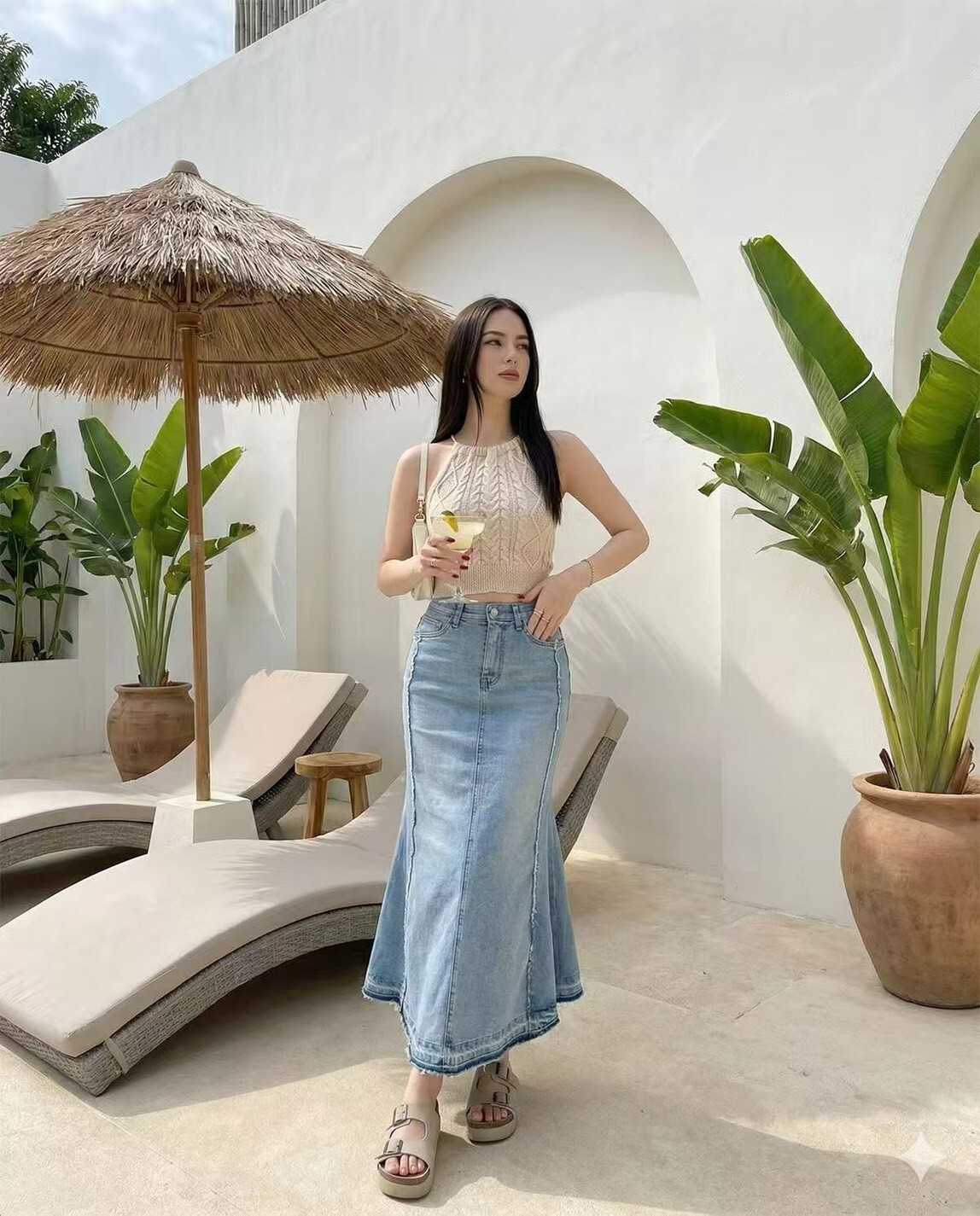 3008外縫線牛仔魚尾長裙