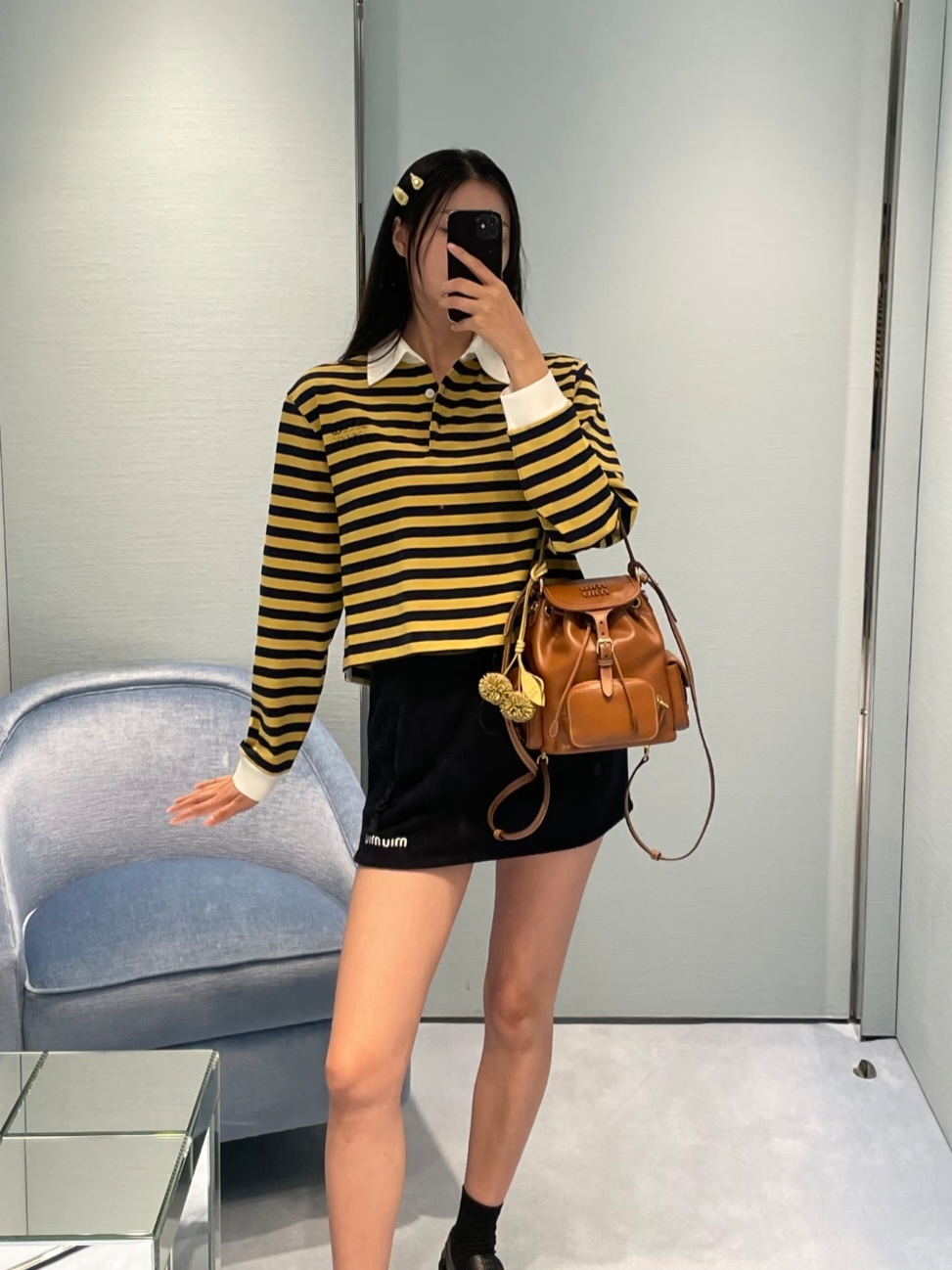 Miu miu 黑併黃間條 Polo 長袖