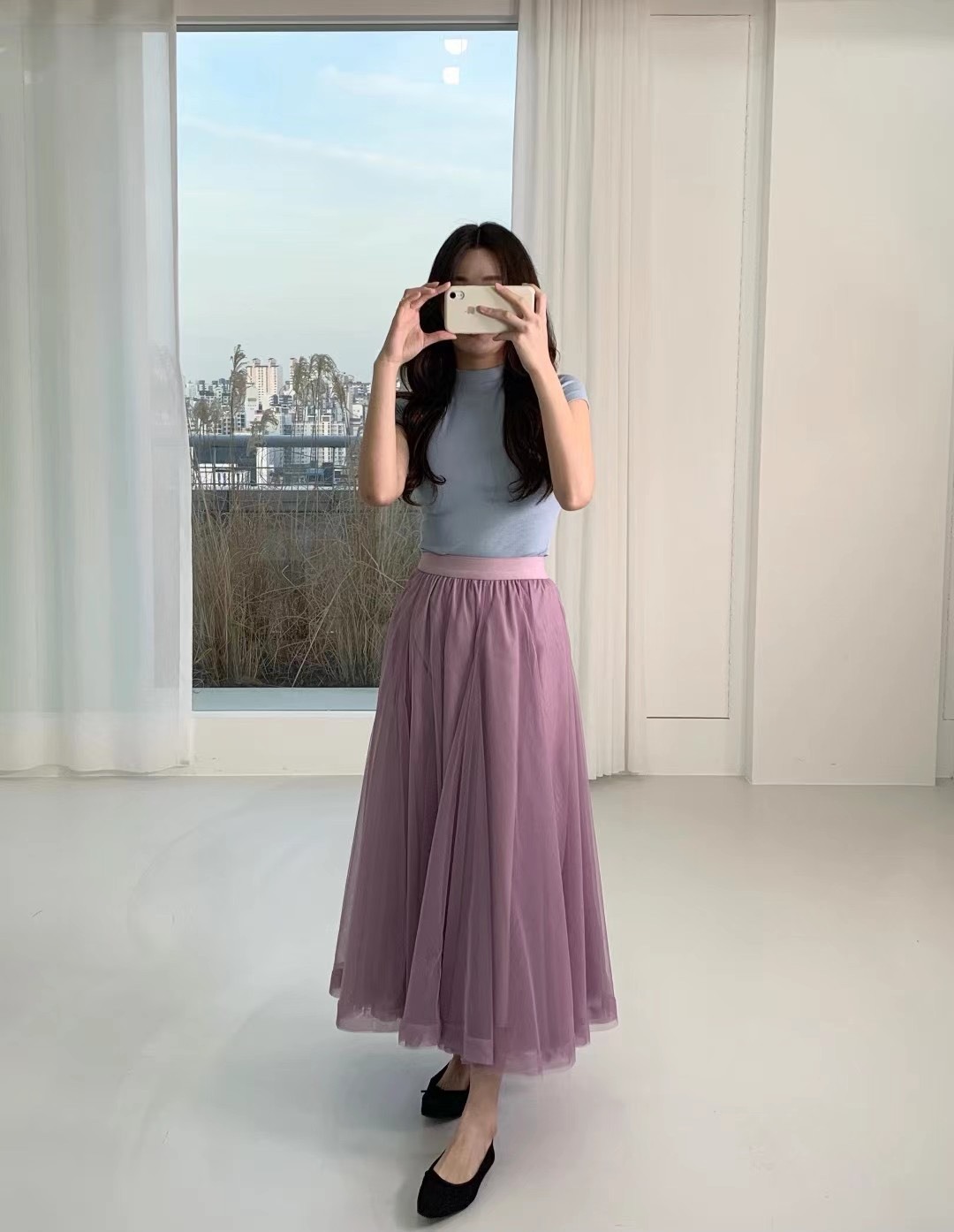 21030174澎紗滾邊夢幻紗長裙 紫