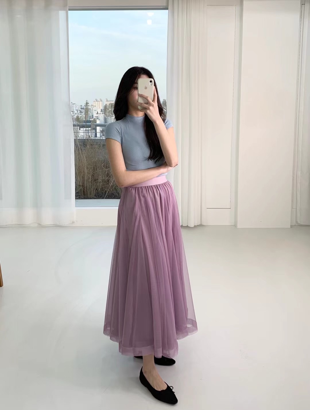 21030174澎紗滾邊夢幻紗長裙 紫