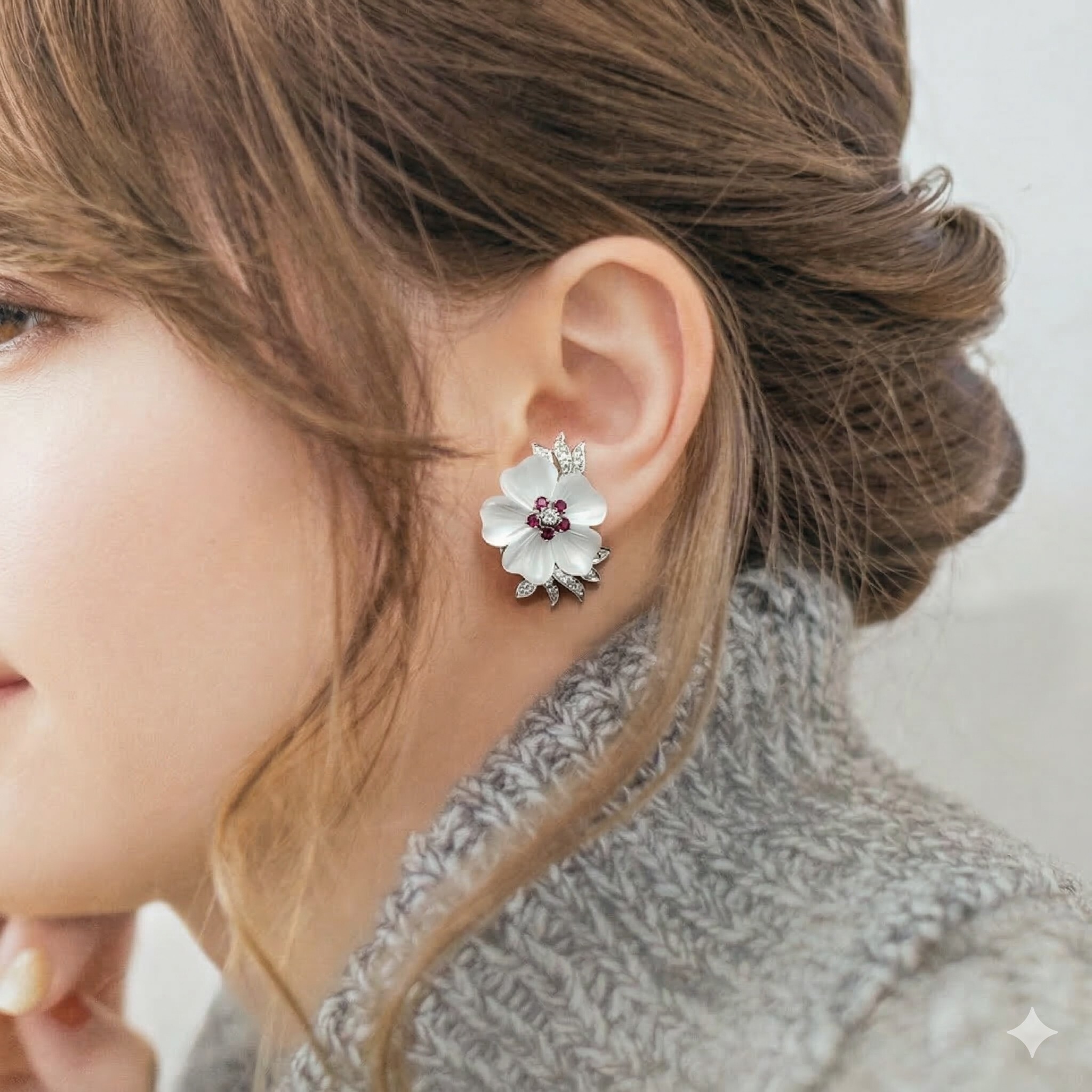 全新18K白金35份紅寶石配60份鑽石耳環