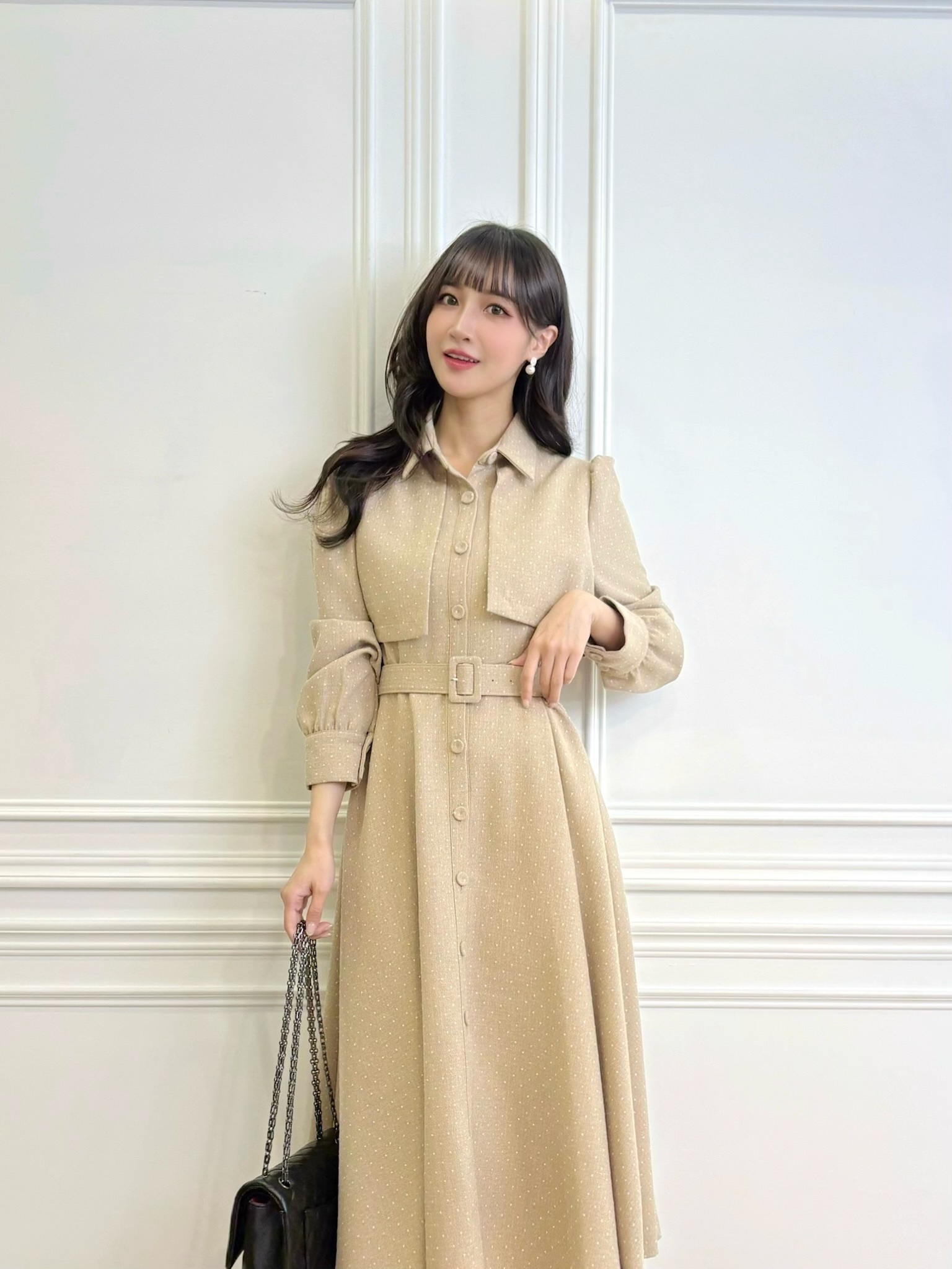 點點腰帶風衣長洋裝