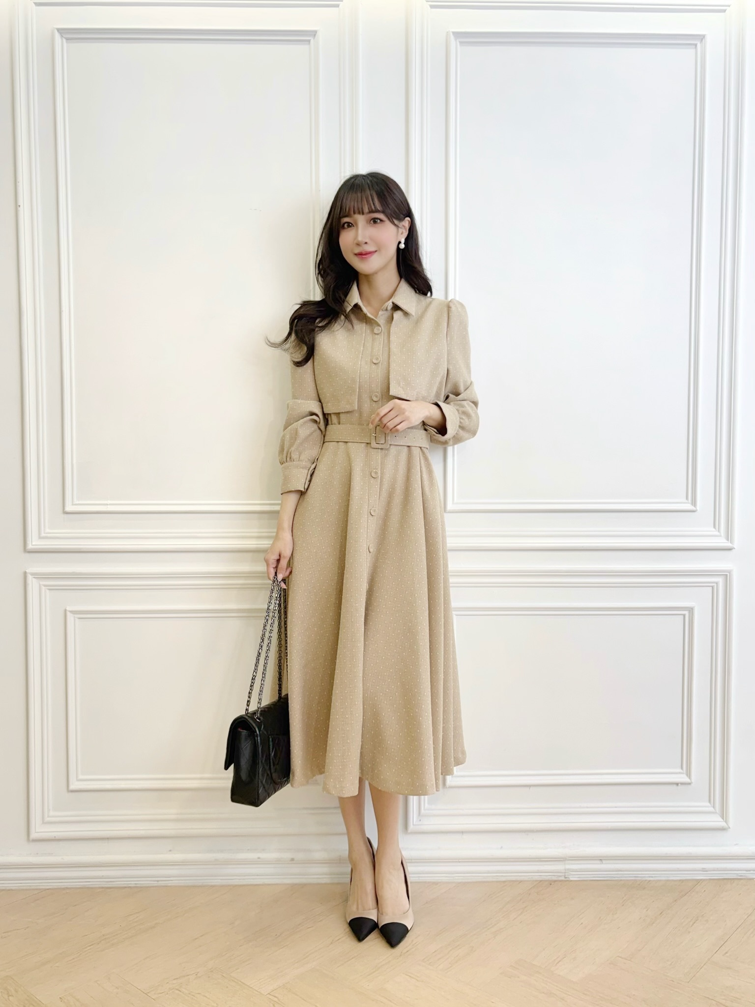 點點腰帶風衣長洋裝