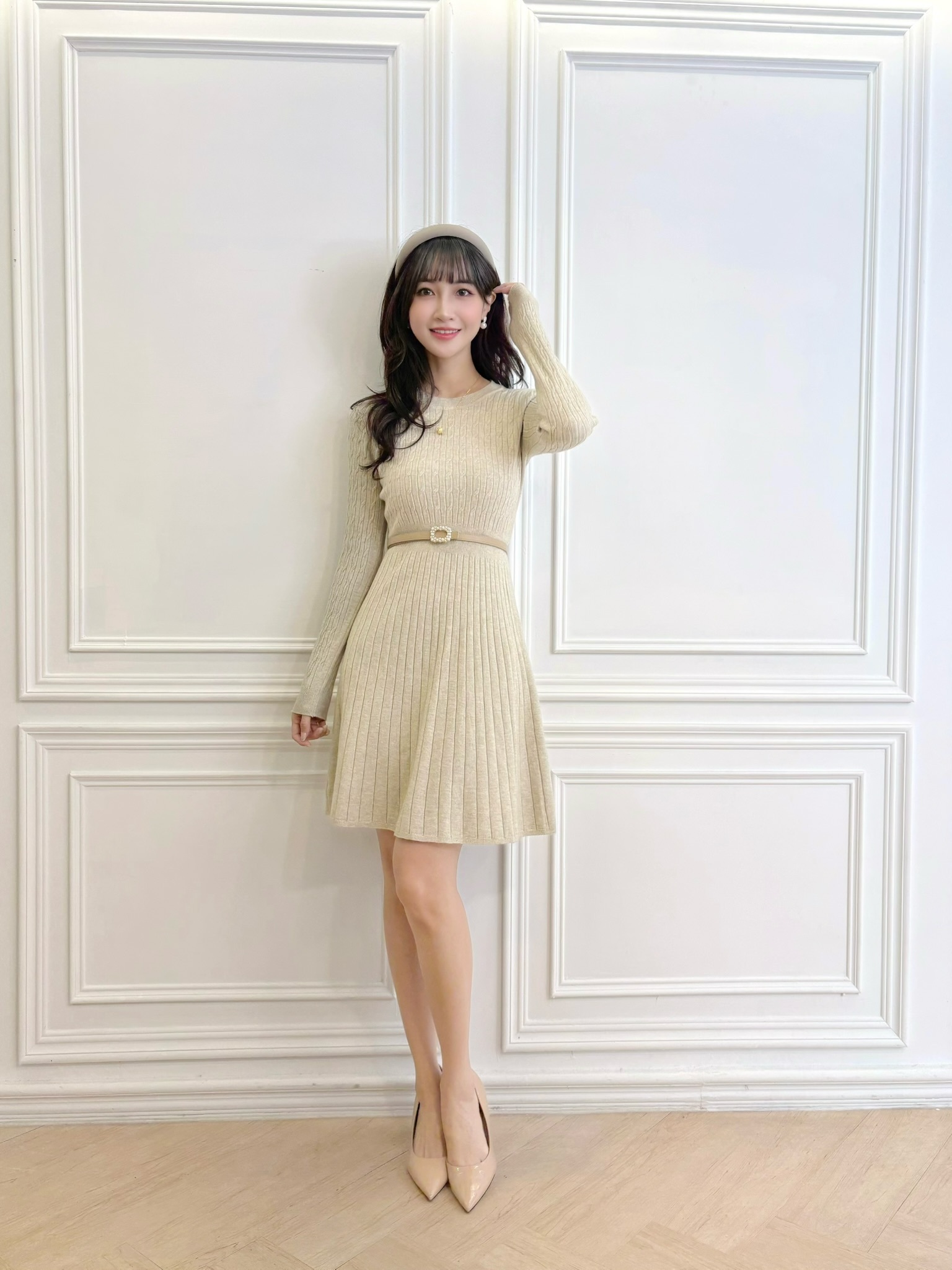 麻花針織傘擺短洋