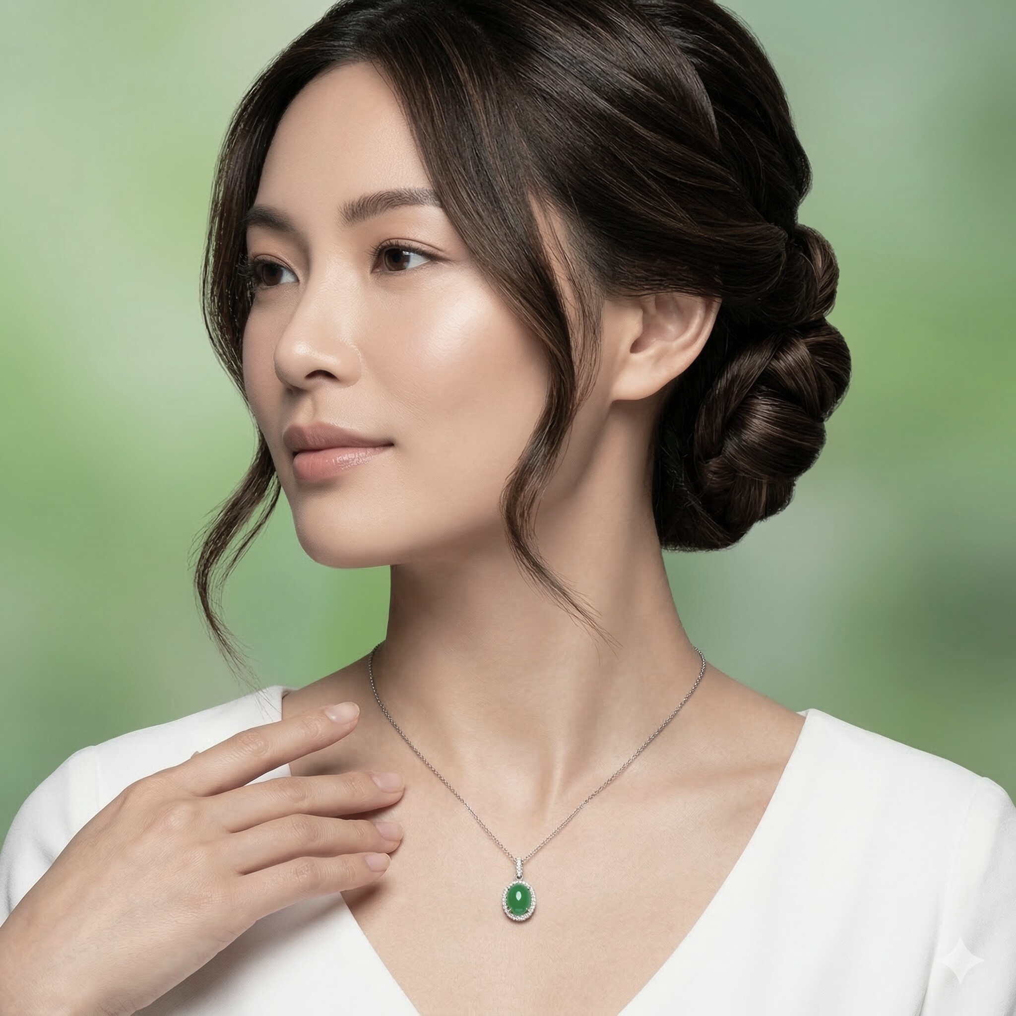 全新18K白金13份鑽石翡翠吊墜