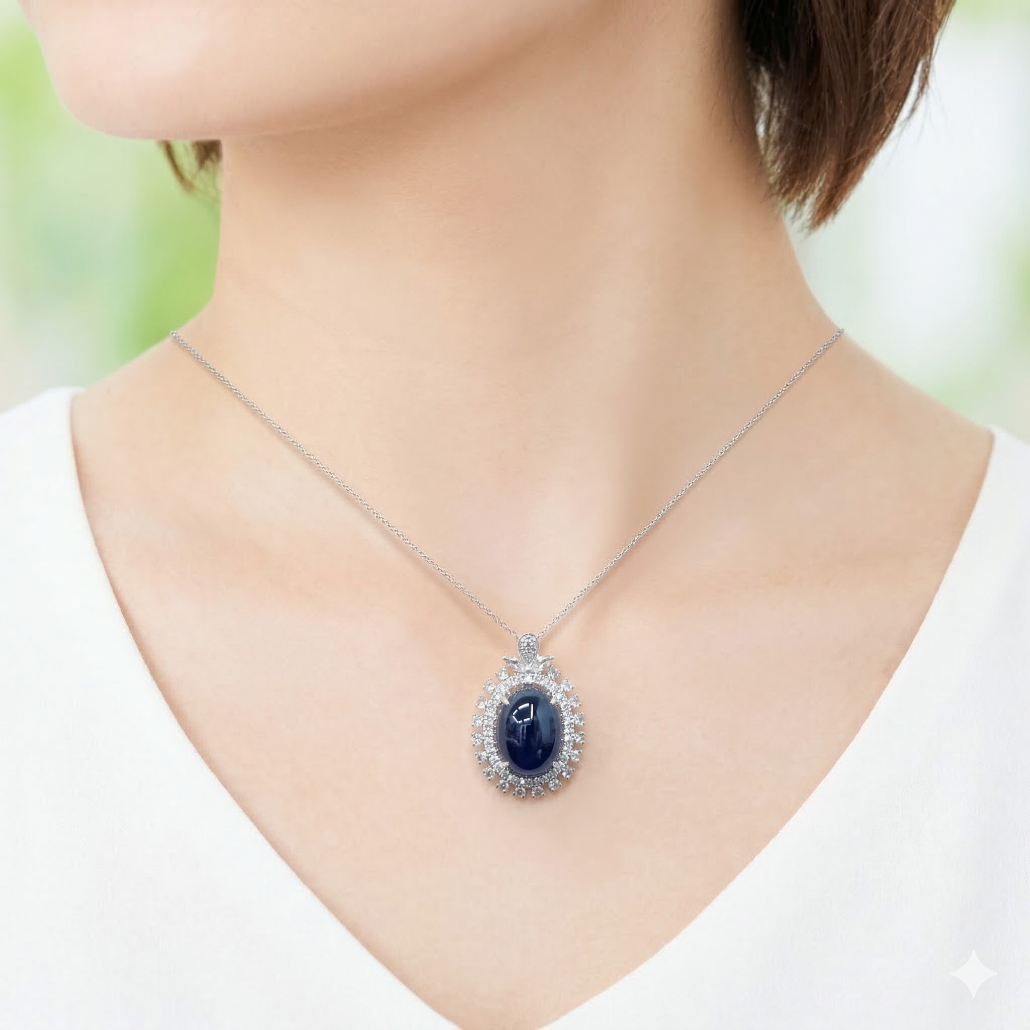 全新18K白金【單粒13卡31份藍寶石】配92份鑽石吊墜