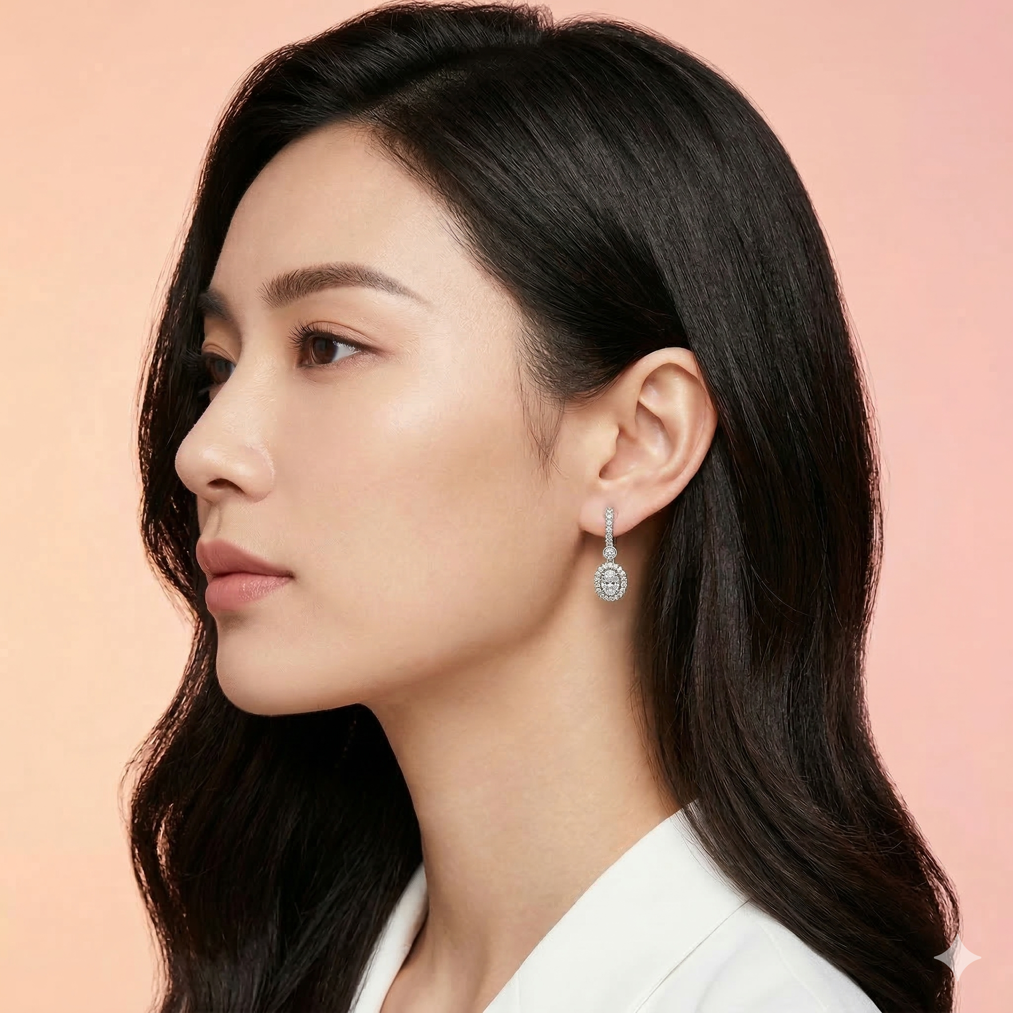 全新18K白金【主石1卡5份蛋形鑽石】配53份小鑽共1卡58份吊耳環