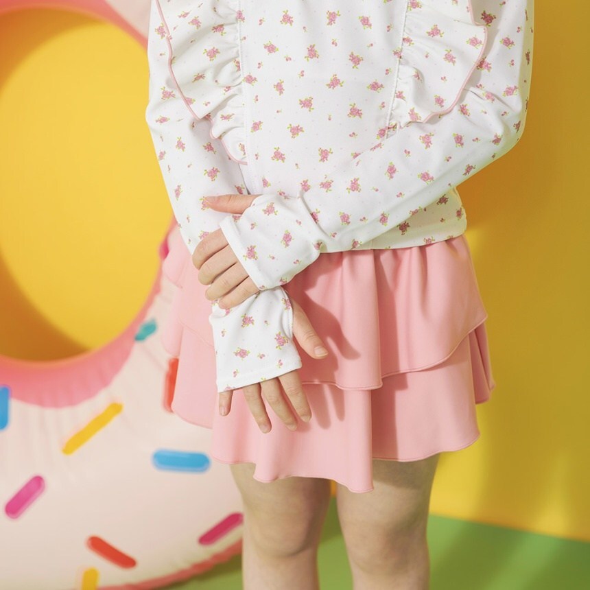 日本 90-130 荷葉長袖防曬裙褲泳衣套裝 4色