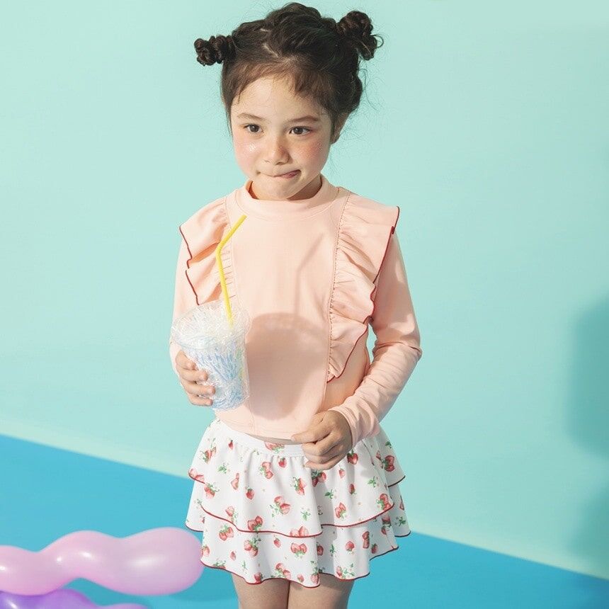 日本 90-130 荷葉長袖防曬裙褲泳衣套裝 4色