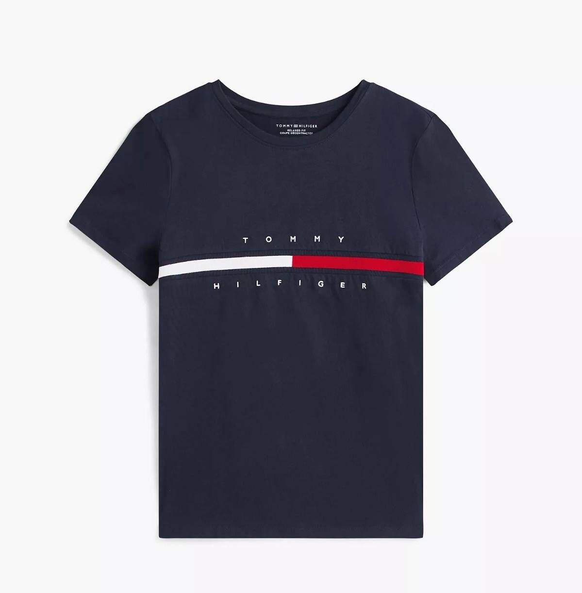 [S] TOMMY HILFIGER EMBROIDERED FLAG STRIPE LOGO T-SHIRT,NAVY, 76J4893-410 (STH824)
