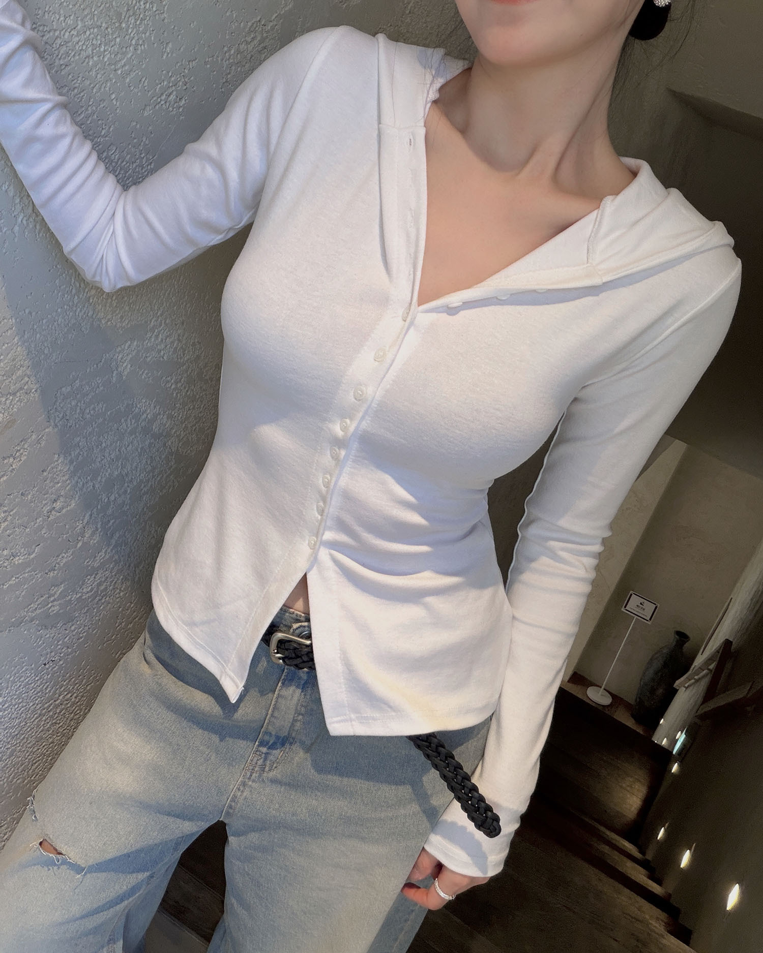 T3016 修身連帽長TEE / 純白